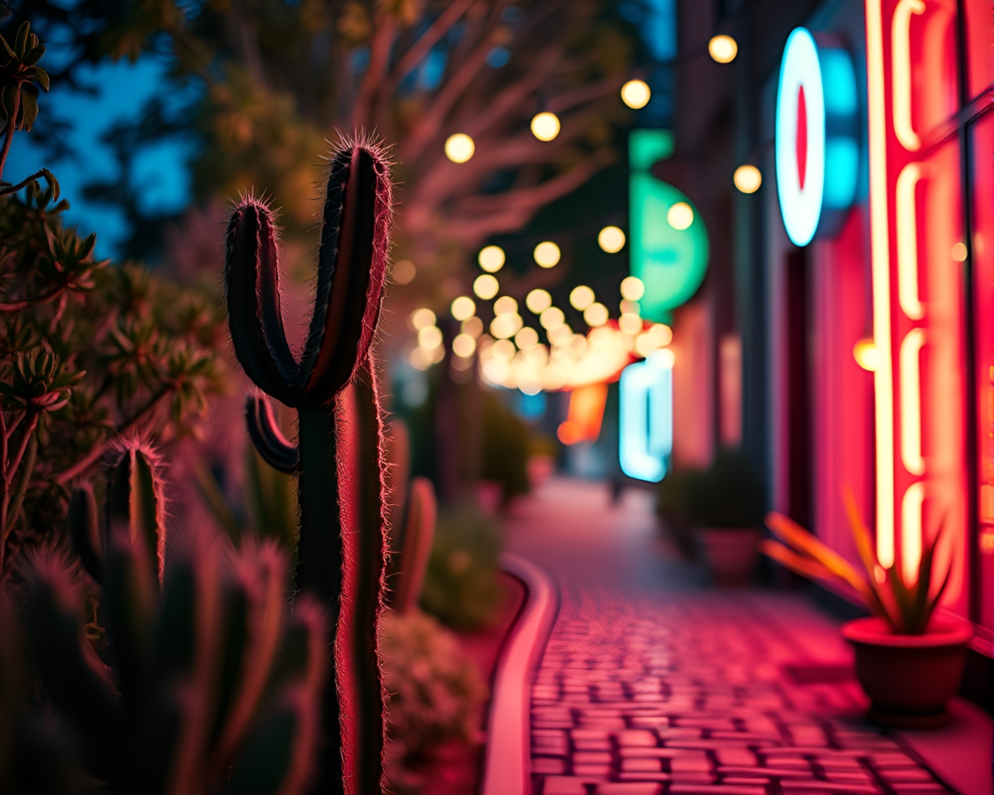 Neon Cactus Glow on Cobblestone Path – free AI stock image