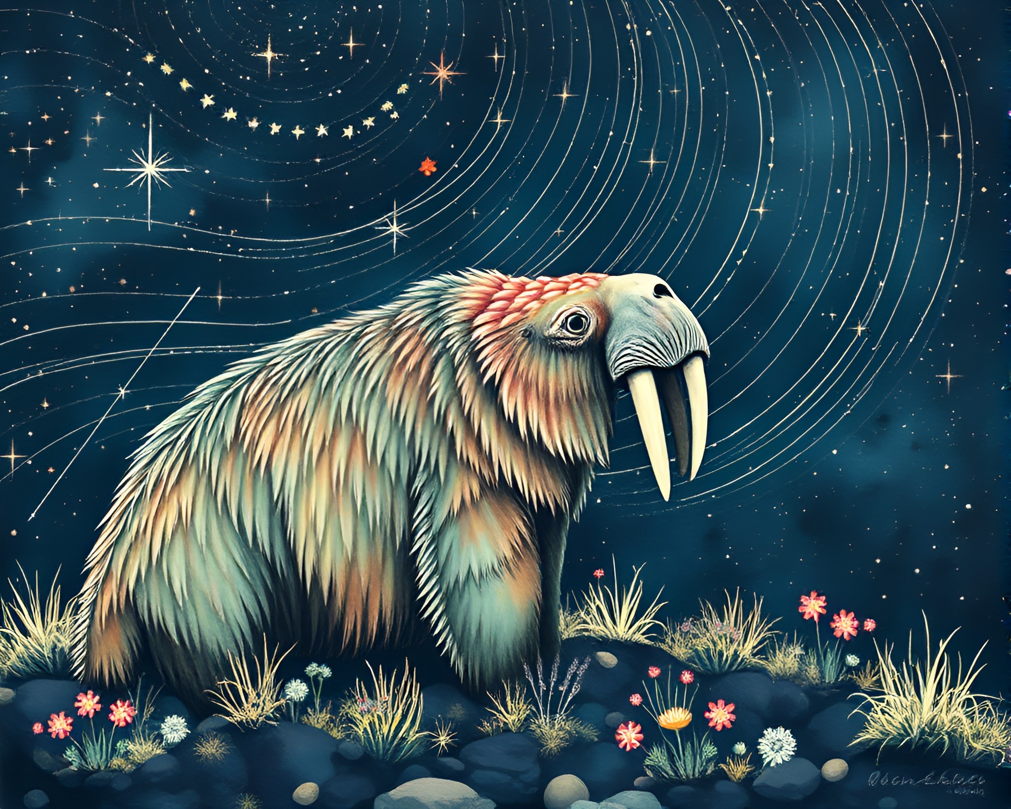 Walrus in Botanical Star Trail Dreamscape – free AI stock image