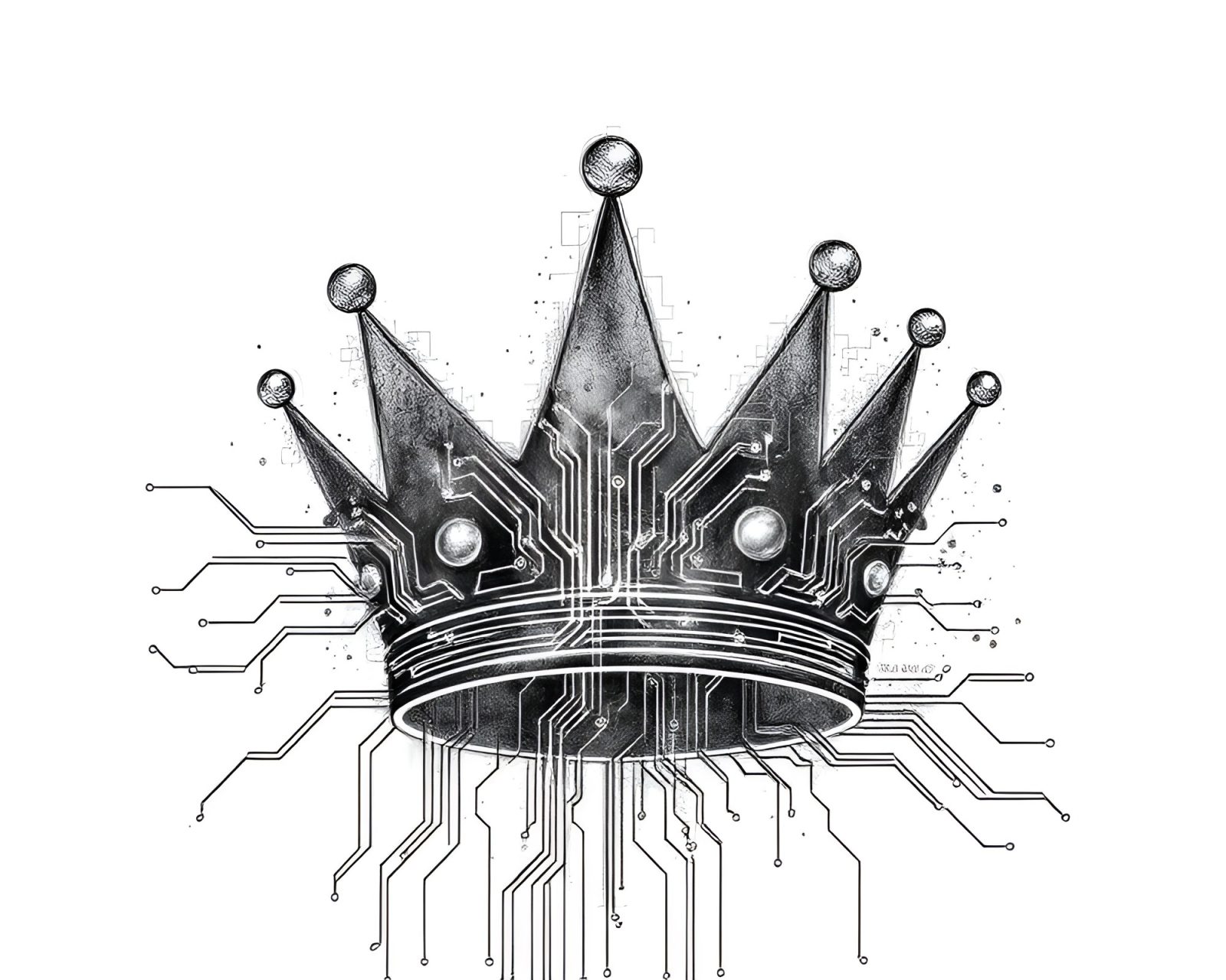 Abstract charcoal sketch of intricate circuit board forming a crown