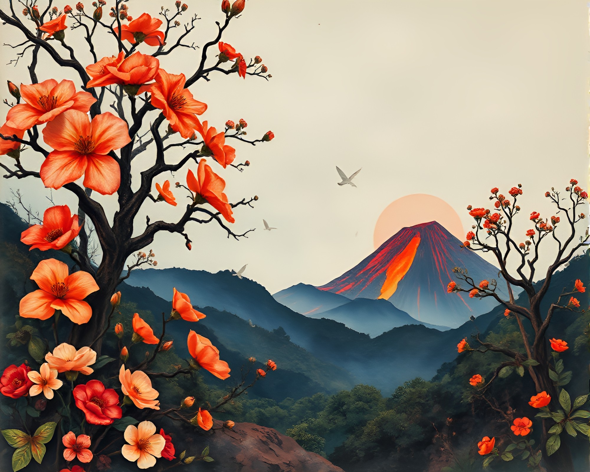 Ancient Grove Erupts: Dadaist Watercolor Collage – free AI stock image