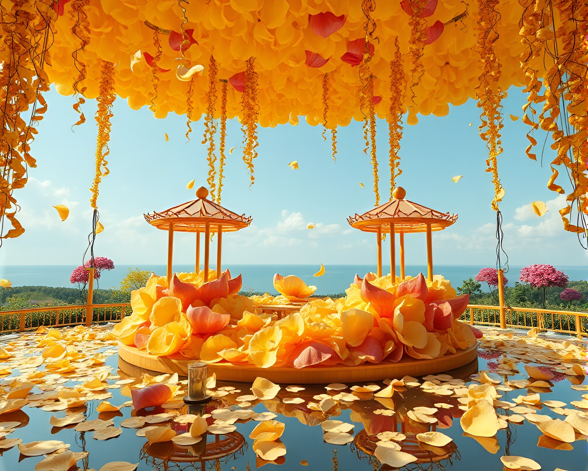 Floating Pavilion Amidst Savanna Golds of Flower Petals – free AI stock image