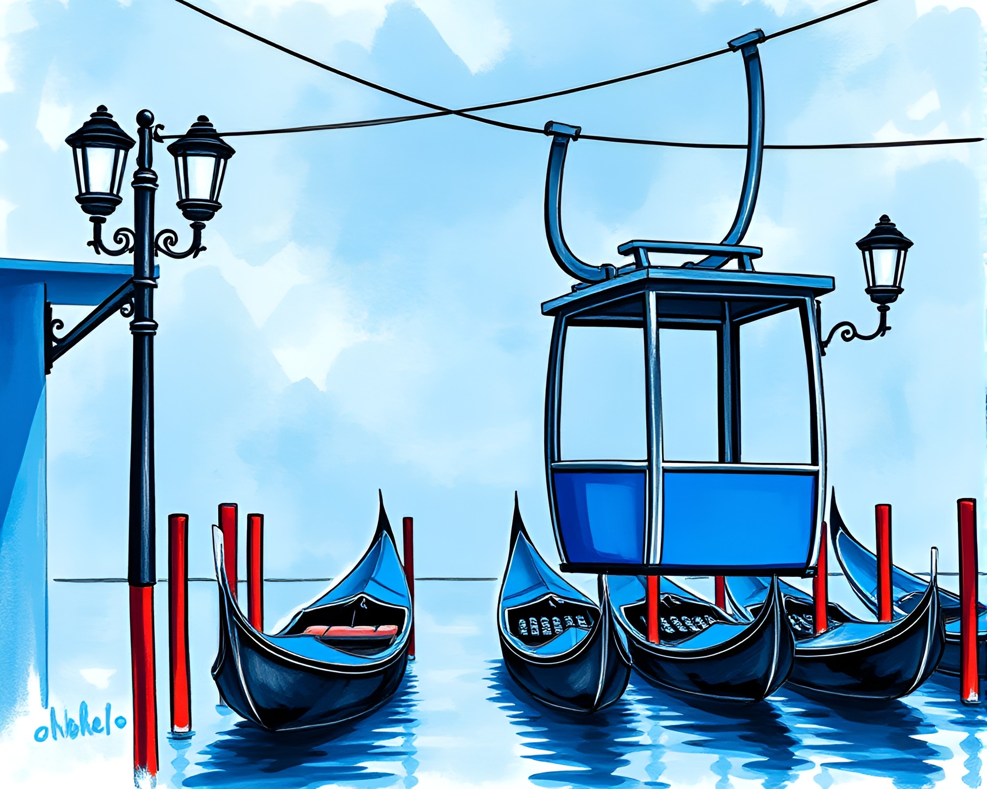 Gondola Lift Journey in Cobalt Blue Pastel Style – free AI stock image