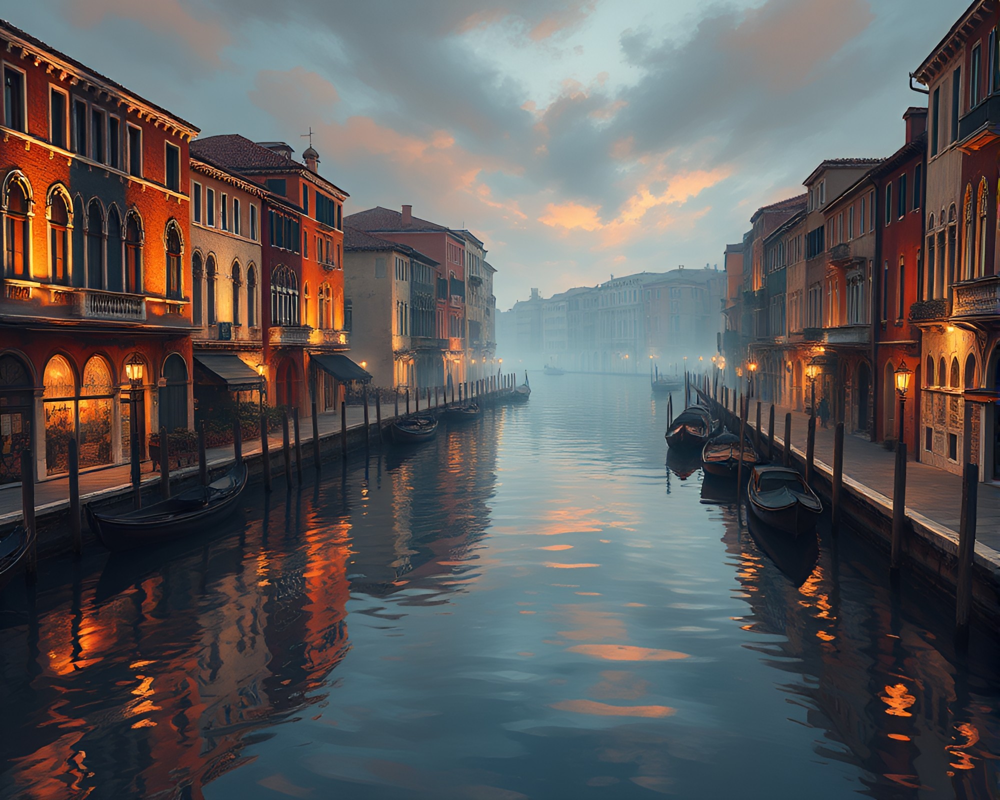 Venetian Canal Reflections in Copper Fantasy Illustration – free AI stock image