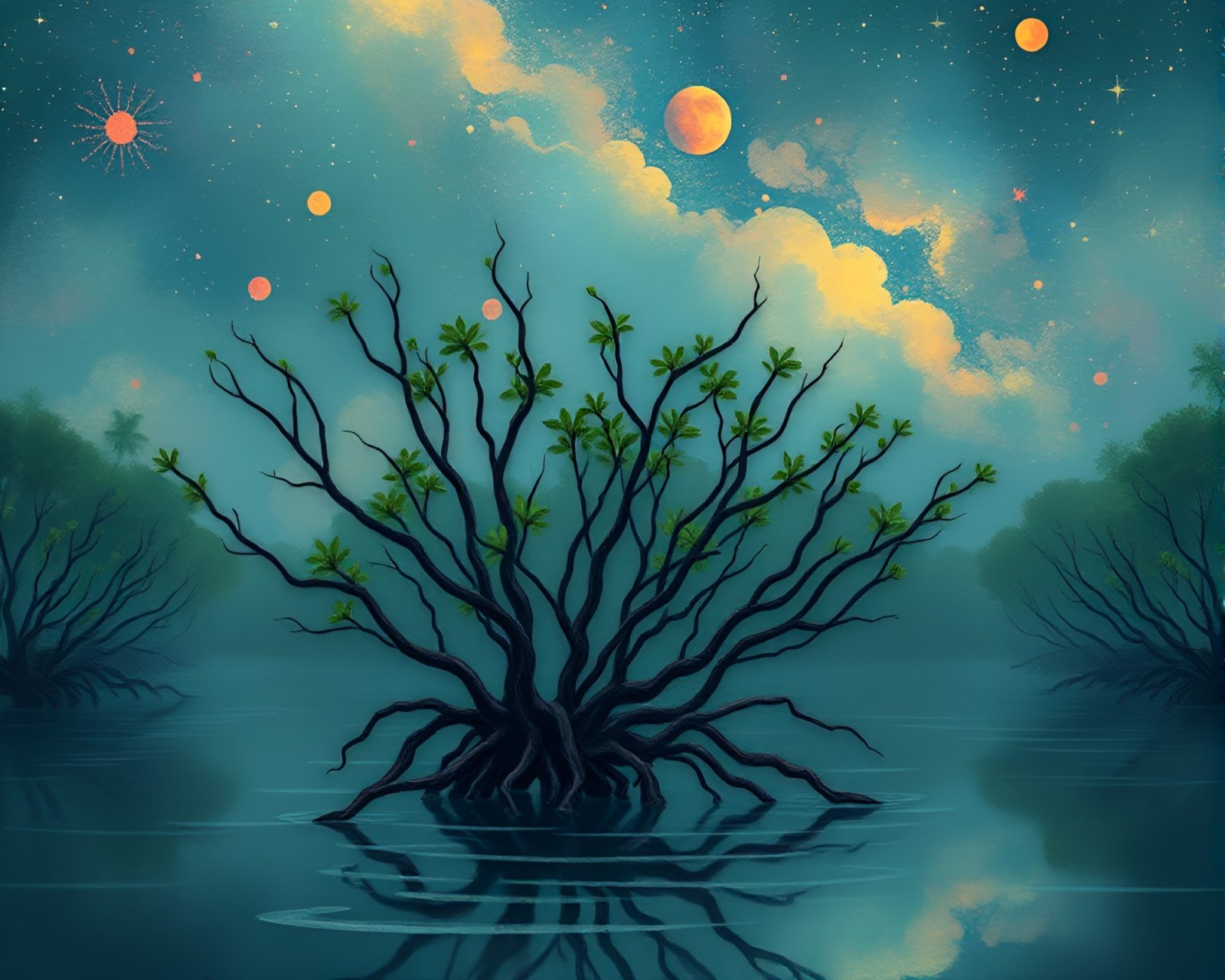 Illustration of children exploring cosmic dust in a mystical swamp