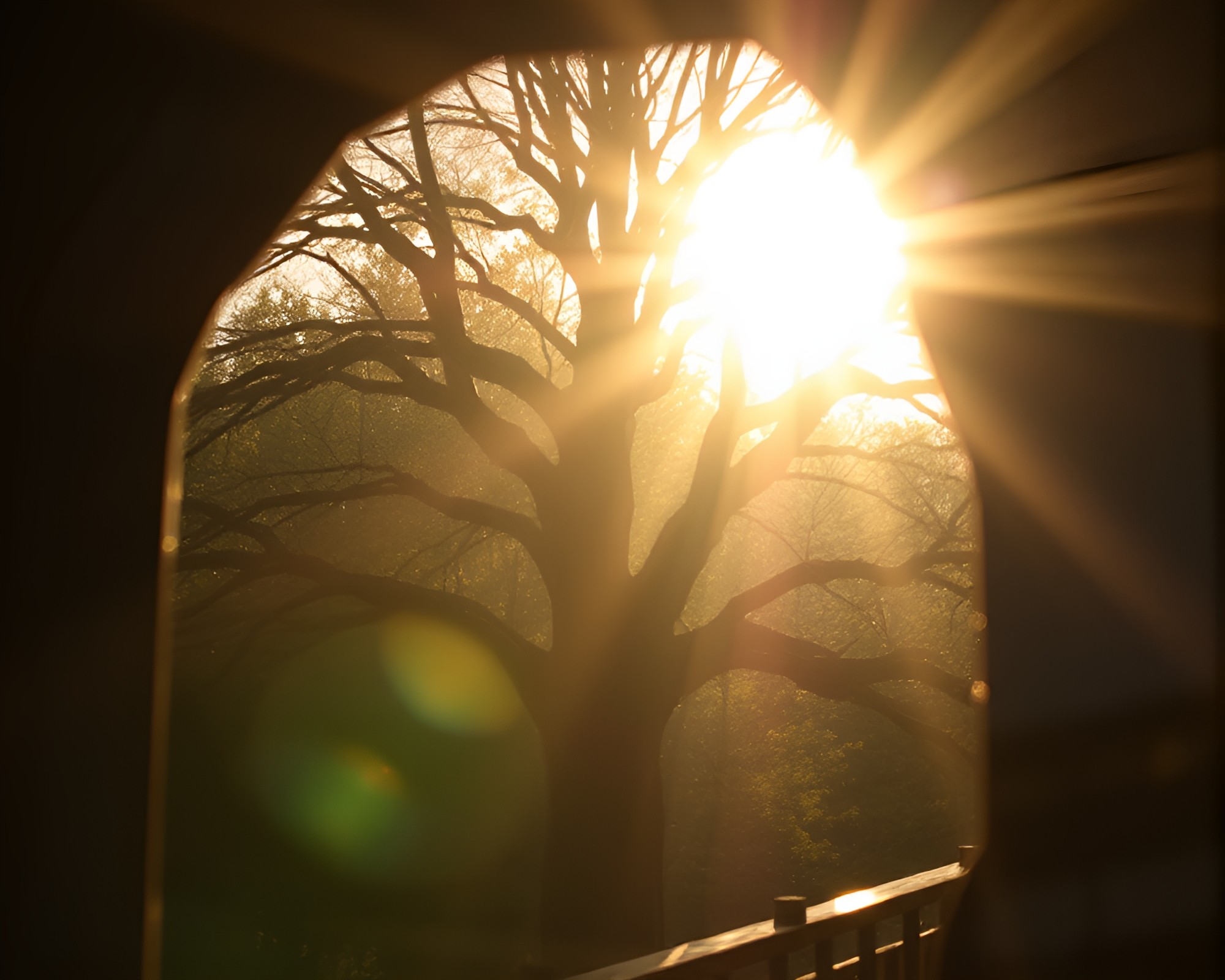 Enchanted Ancient Tree in Stained Glass Reflection – free AI stock image