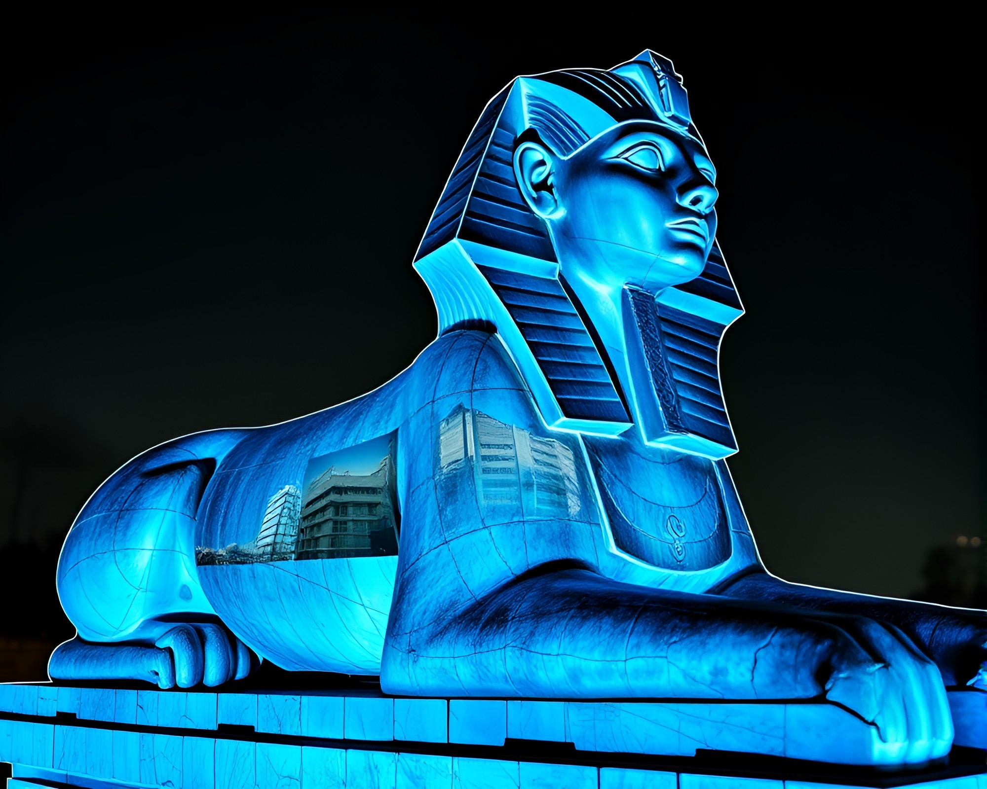 Sphinx Statue Collage: Steel-Blue Long Exposure Photography – free AI stock image