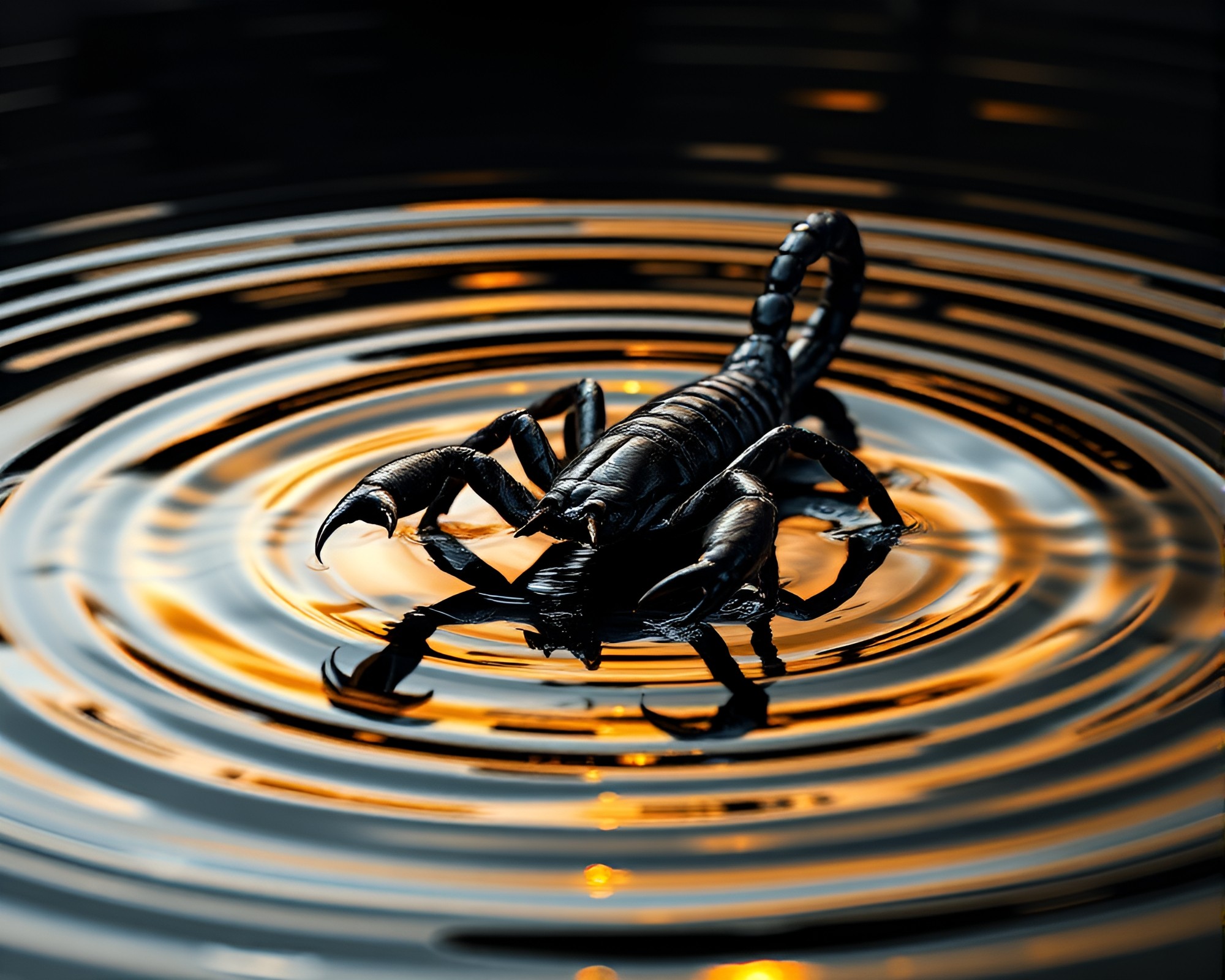 Mystical Scorpion Reflection Ripples with Rim Lighting – free AI stock image