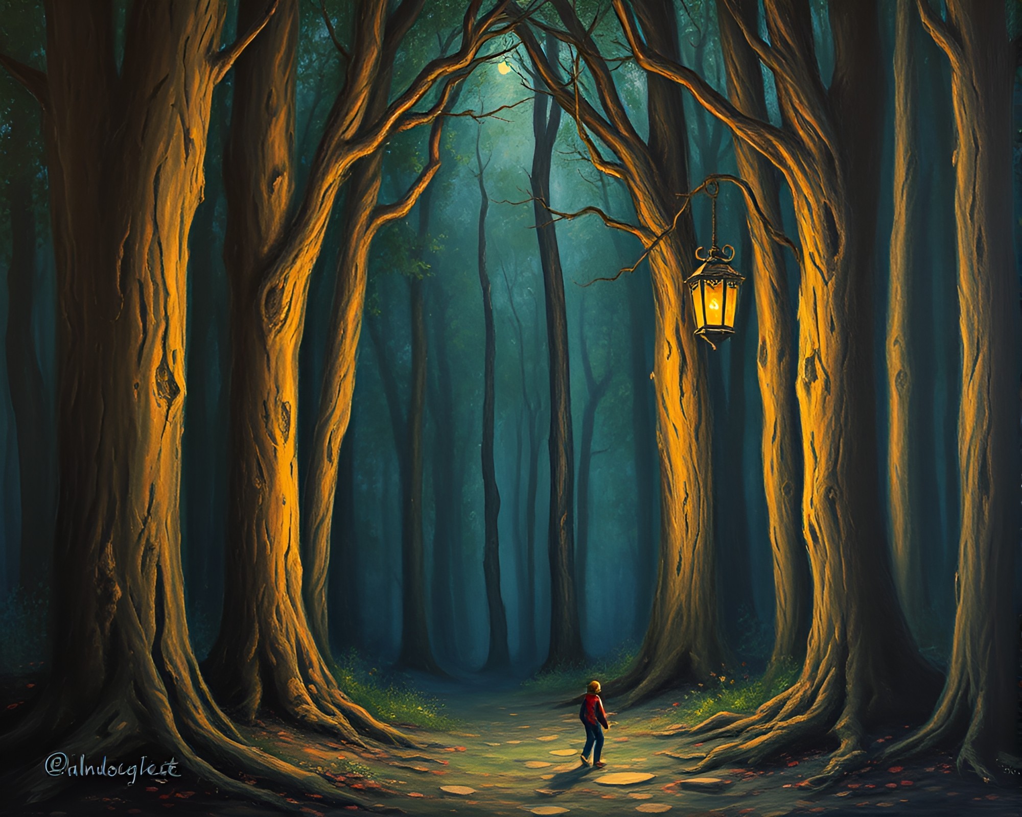 Ancient Grove Illuminated by Lantern Light – free AI stock image