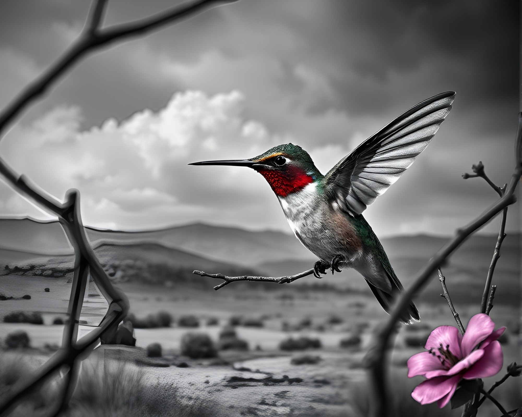Hummingbird in HDR-etched landscape – free AI stock image