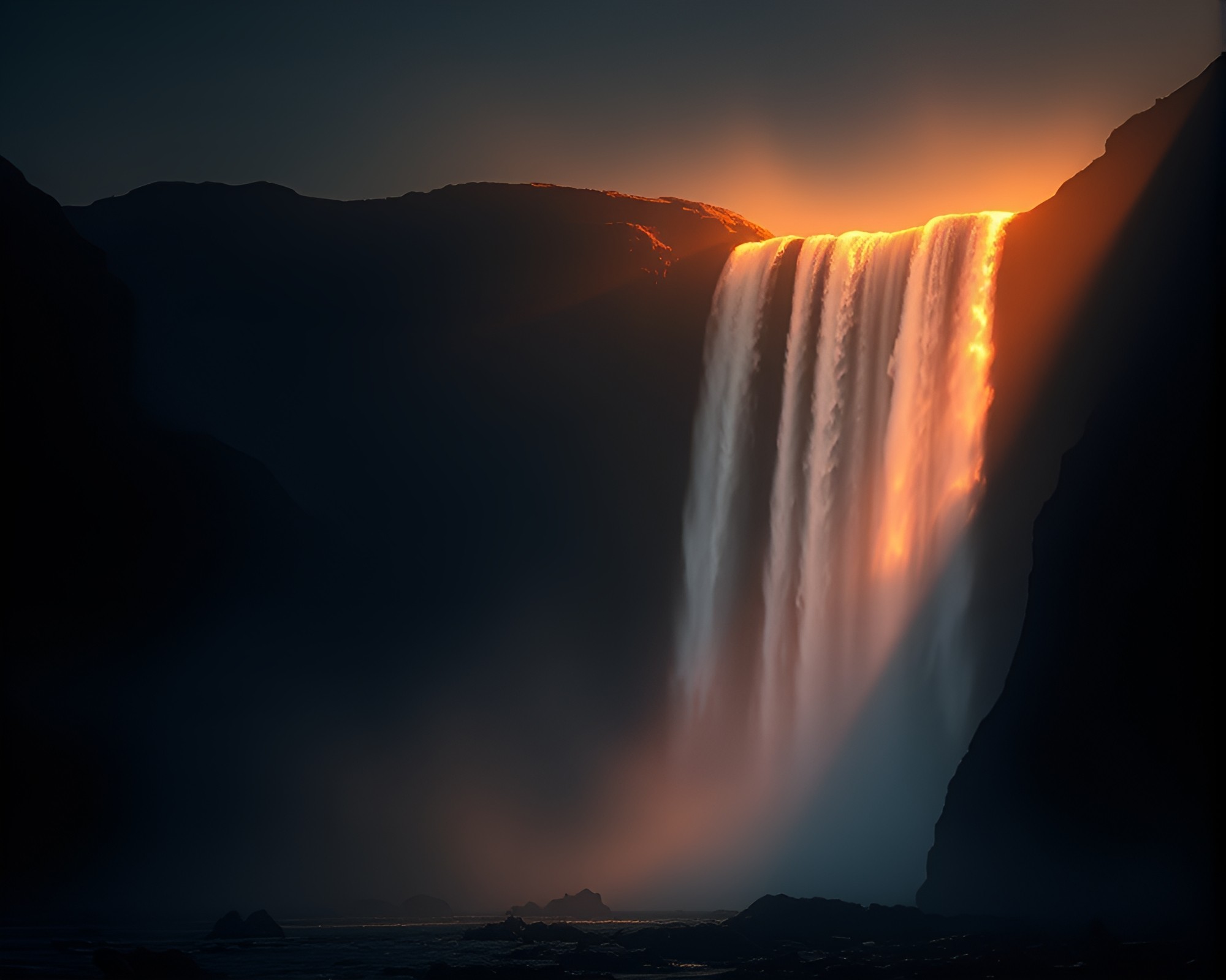 Dystopian Waterfall Illuminated Silhouette – free AI stock image