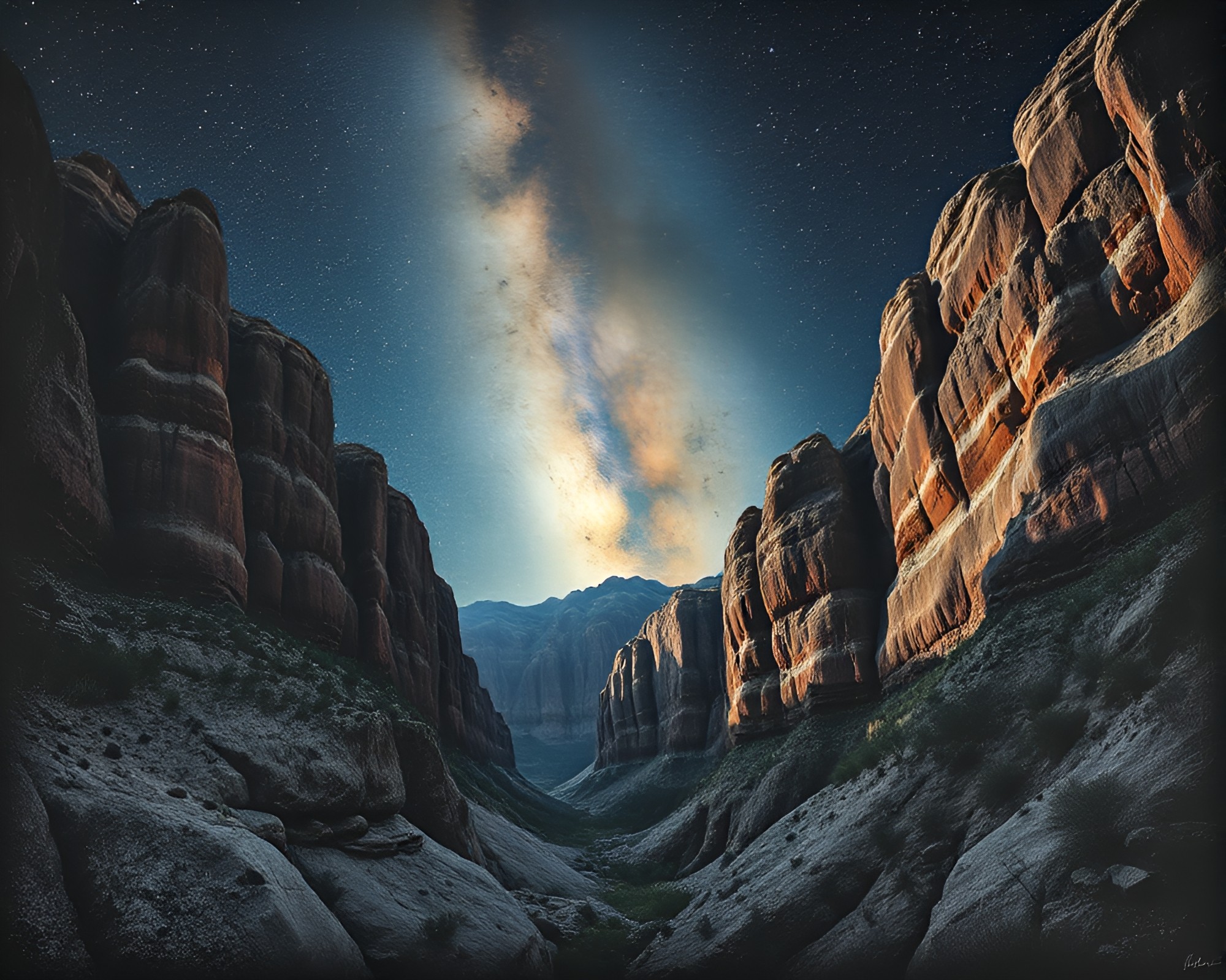 Eroded canyon double exposure under starlit sky – free AI stock image