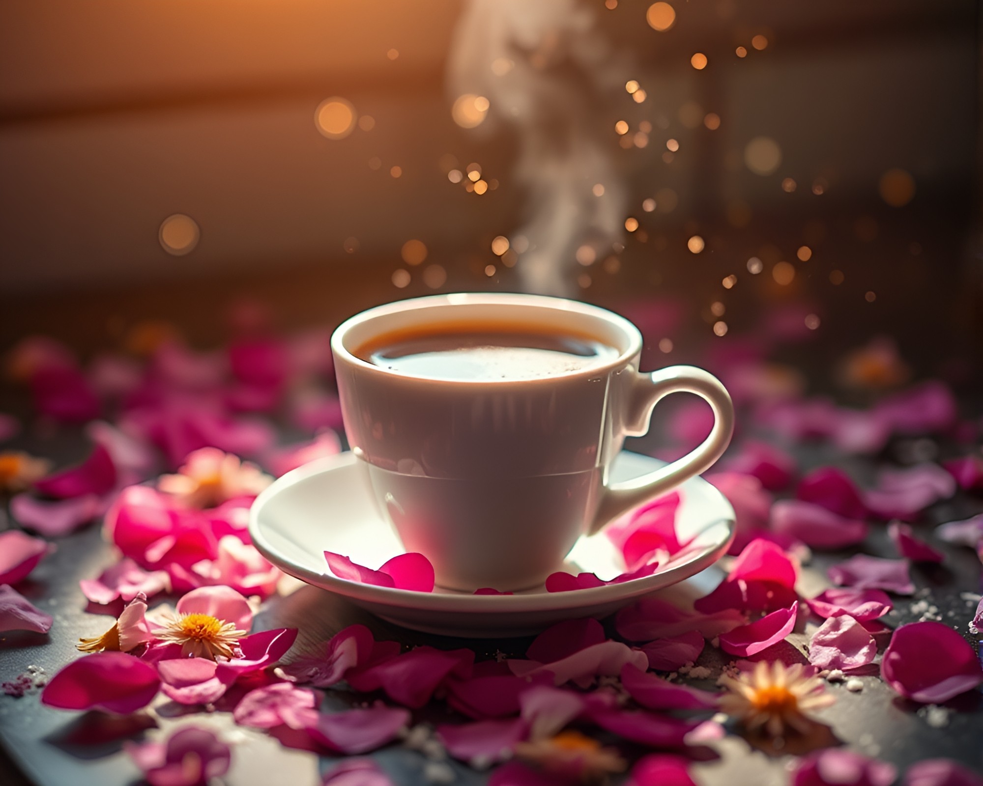 Dystopian Coffee Cup In Petal-Decorated Light – free AI stock image