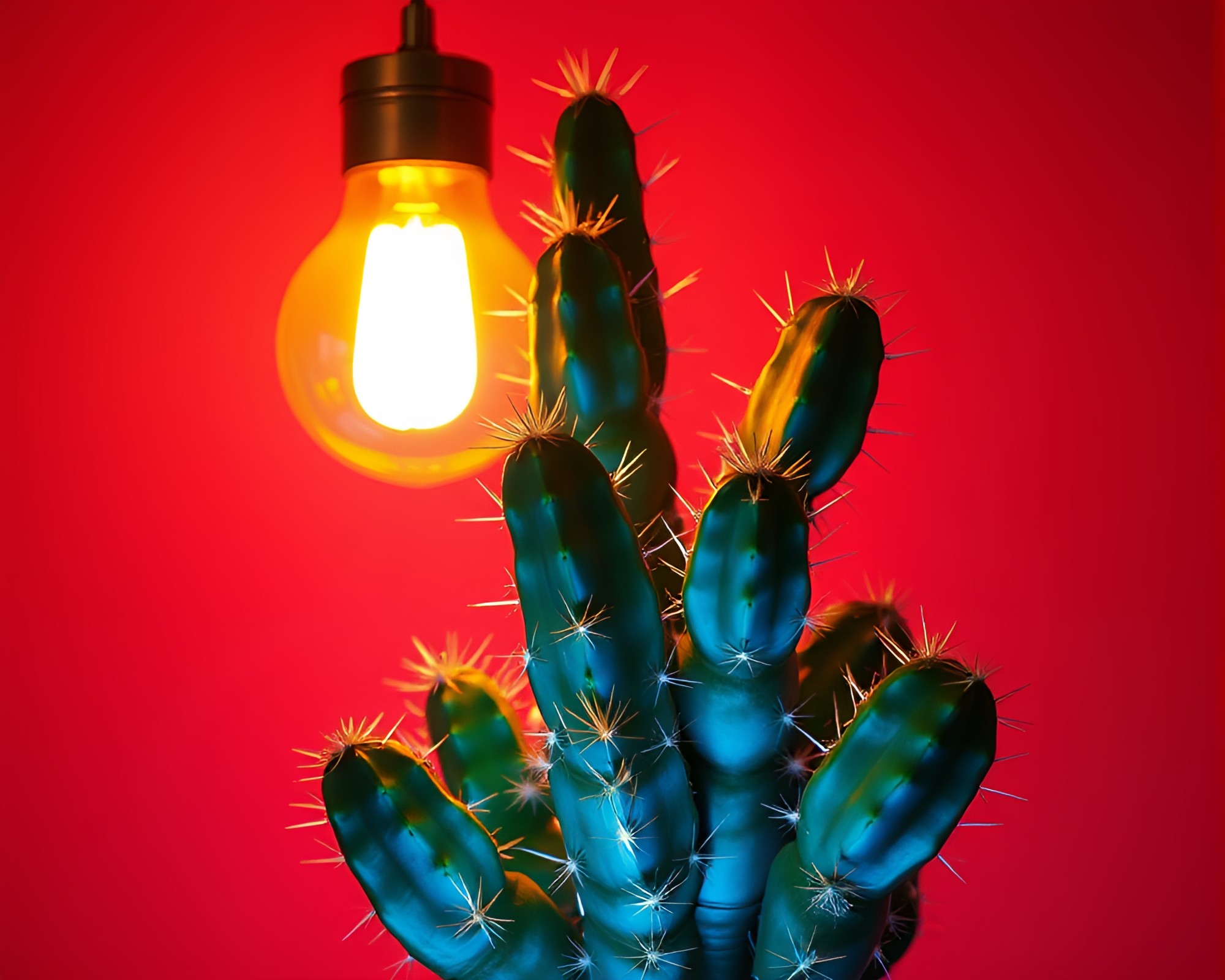 Neon Cactus Oasis with Gold Foil Accents – free AI stock image