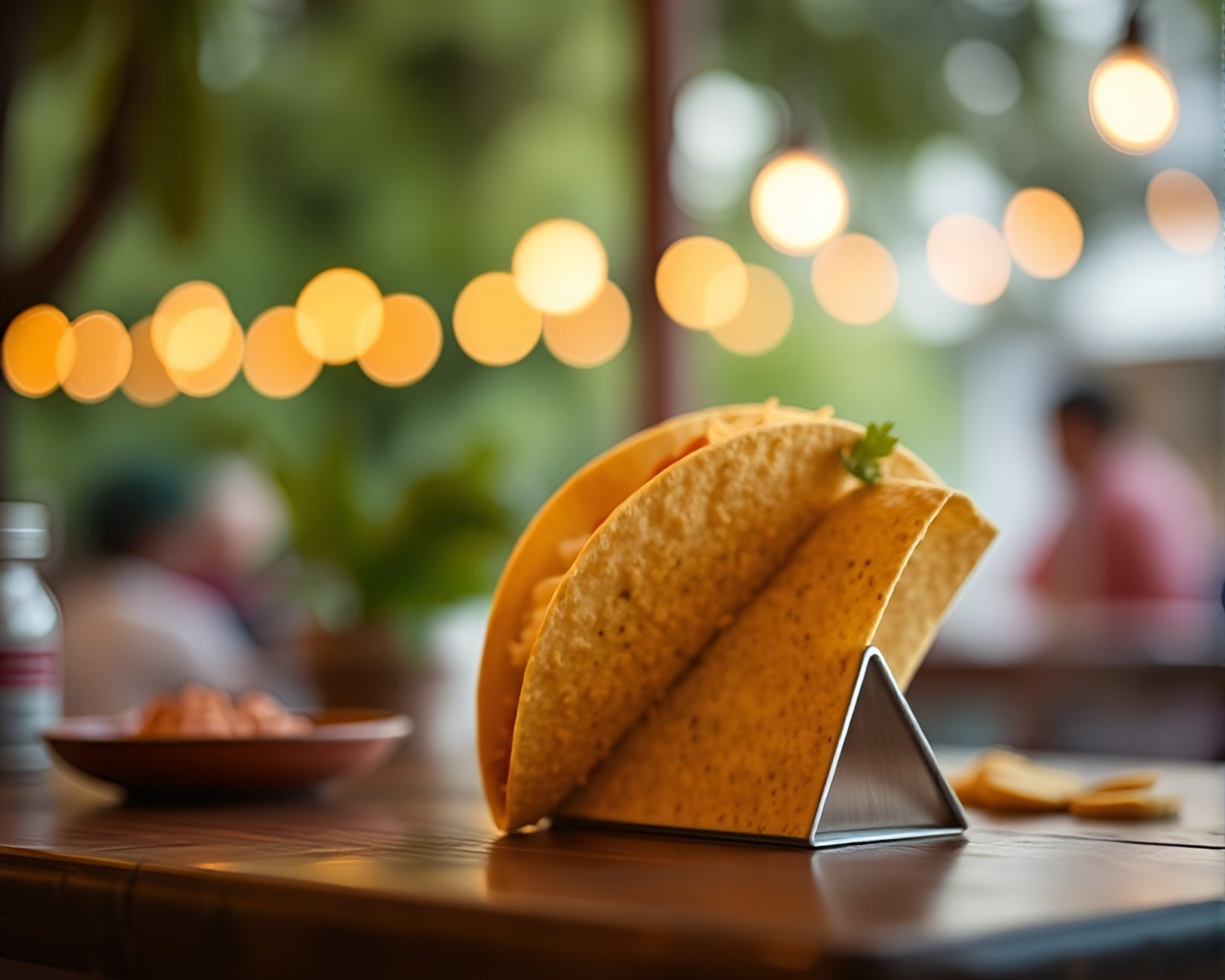 Colorful taco stand with blurred lights, peachy glow