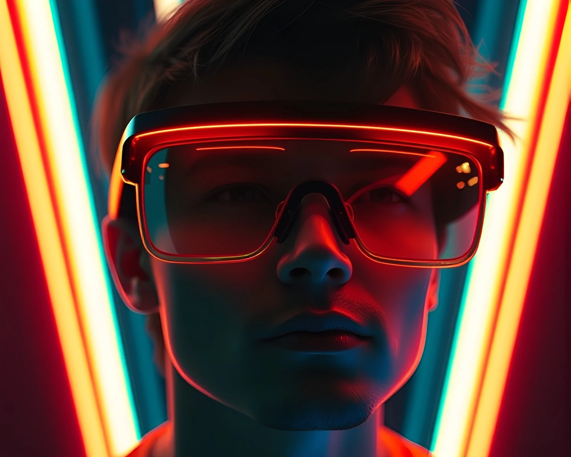 Pixelated augmented reality glasses under neon dawn lighting