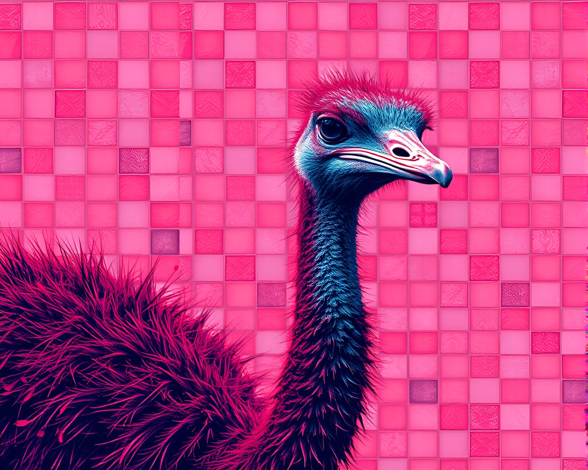 Vaporwave Ostrich Mosaic in Duotone – free AI stock image
