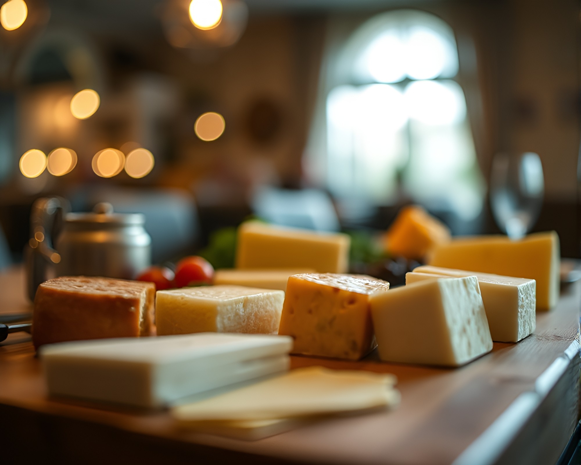 Cheddar cheese platter in soft focus ambience – free AI stock image