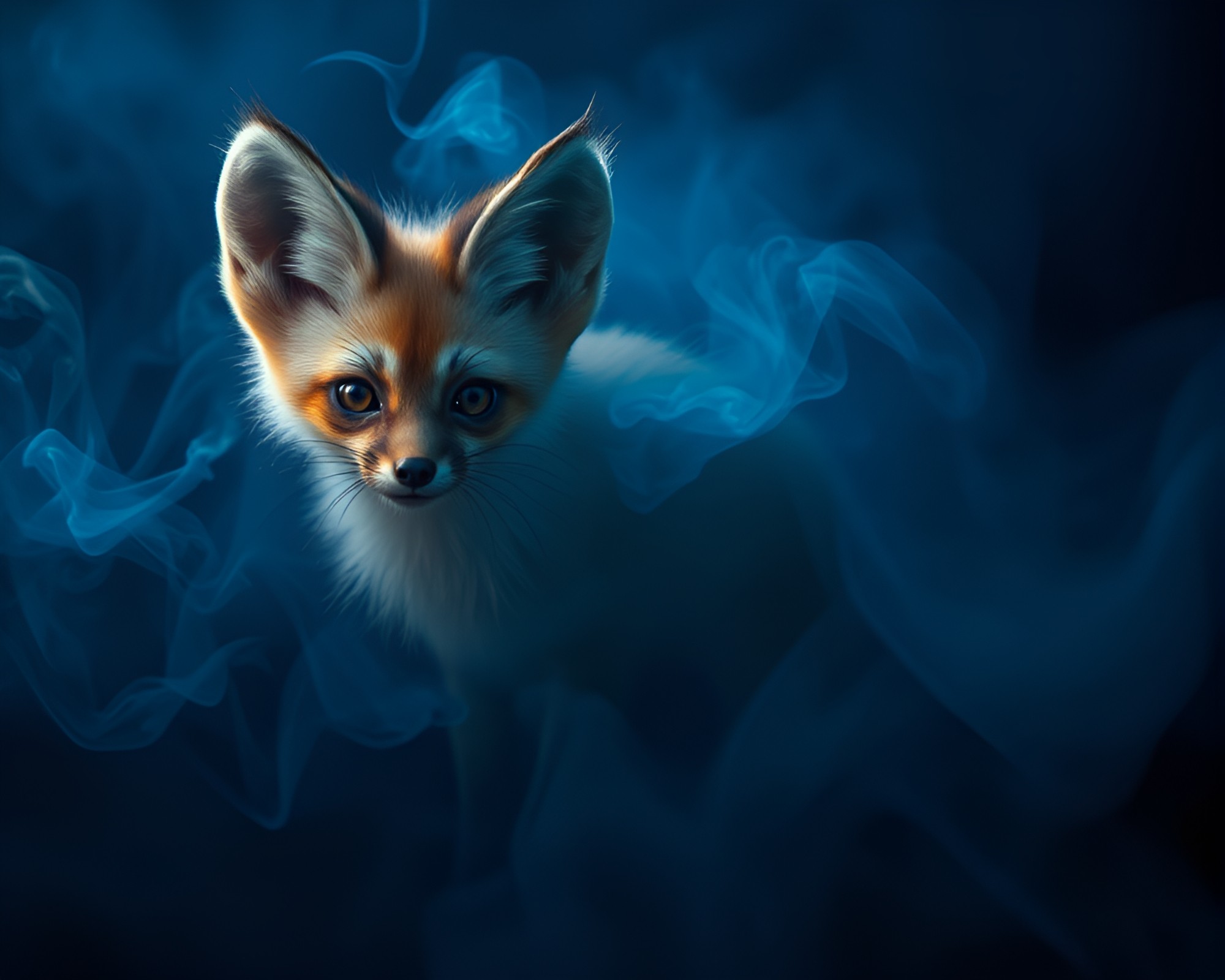 Whimsical Fennec Fox in Steel-Blue Smoke Rings – free AI stock image