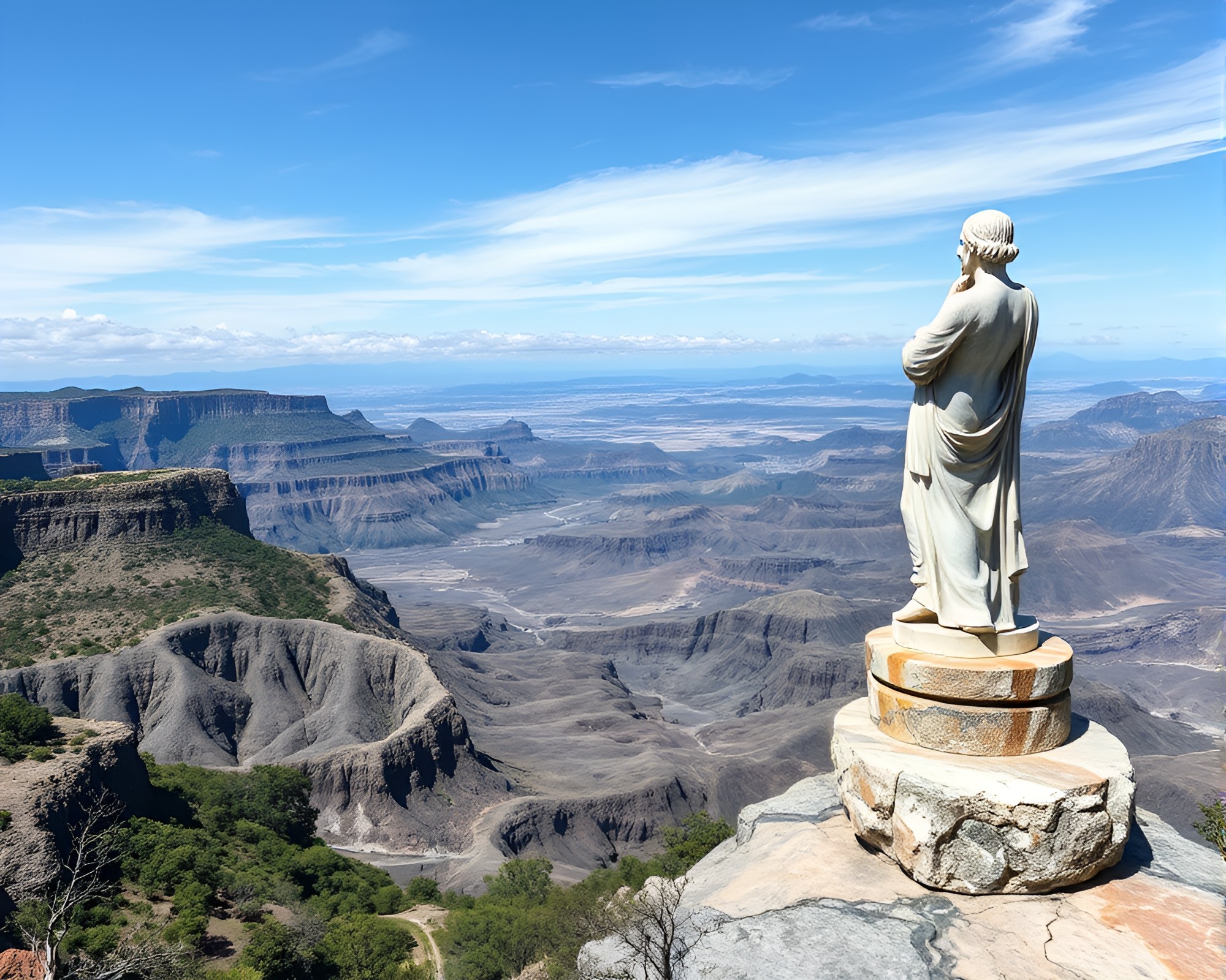Majestic Marble Sculpture Amidst Volcanic Ash Panorama – free AI stock image