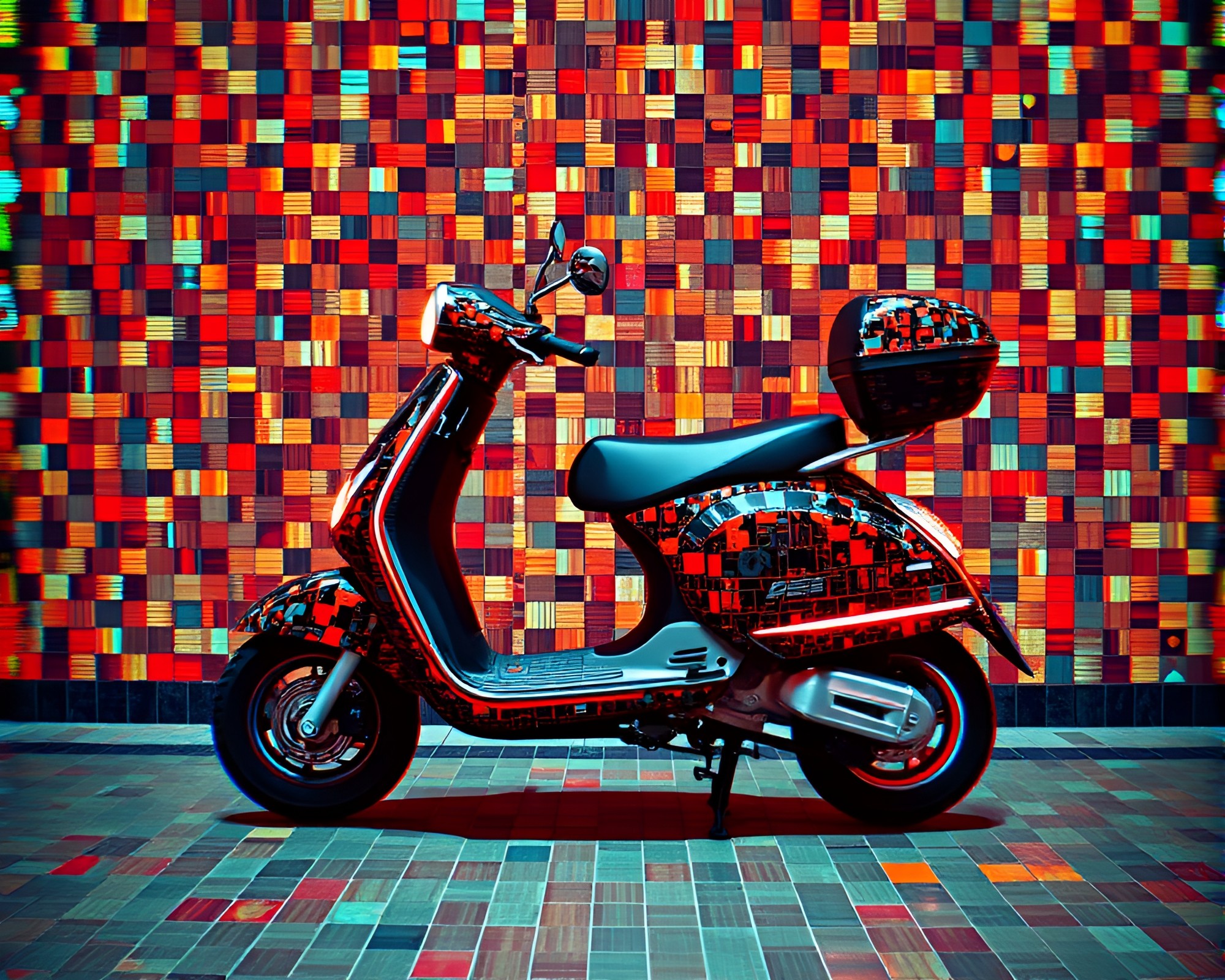 Digitally Glitched Mosaic Electric Scooter Composition – free AI stock image