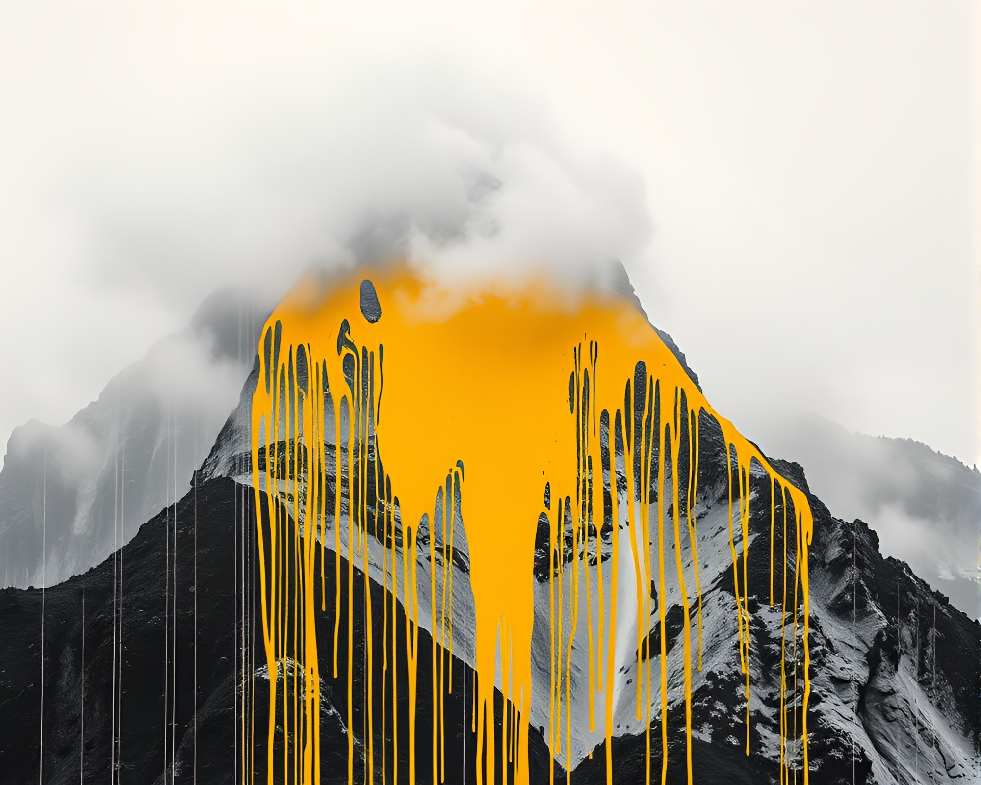 Mist-Shrouded Mountain with Mustard Yellow Pop Graffiti Drips – free AI stock image