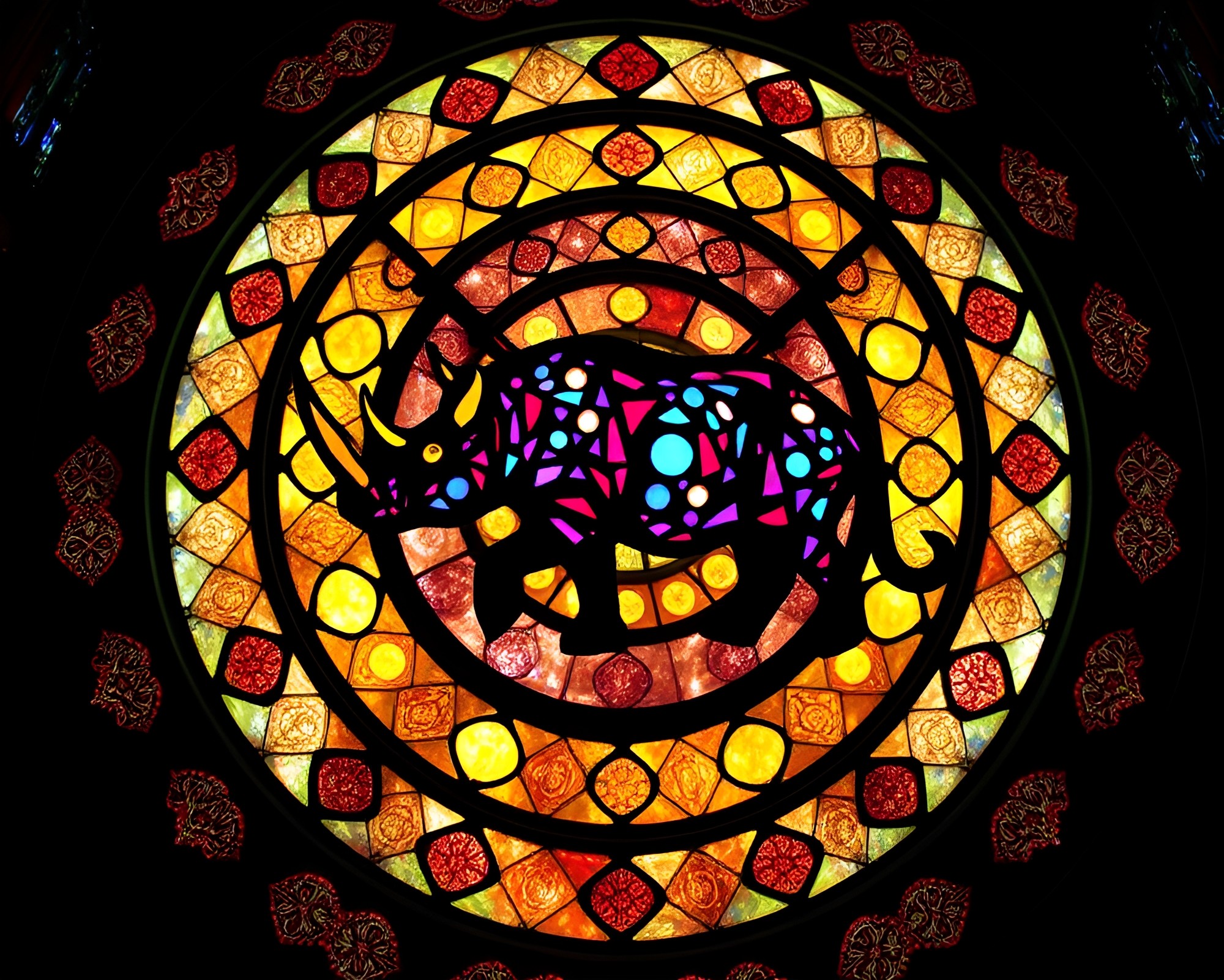Rhino Silhouette in Luminous Cathedral Circles – free AI stock image