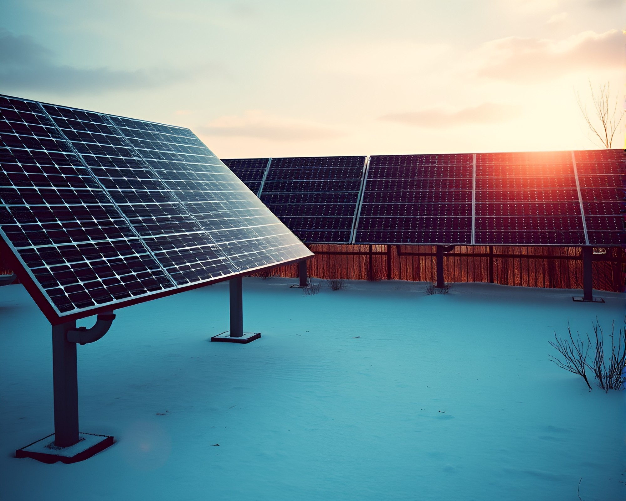 Snowy Solar Panel Array Casting Stencil Shadows – free AI stock image
