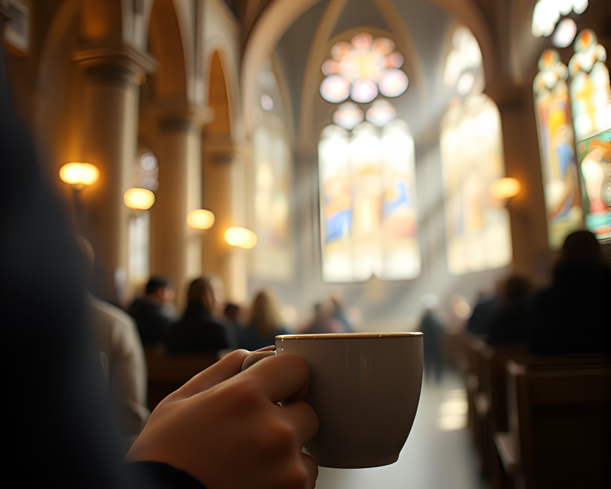 Candid Coffee Moment in Cathedral Light – free AI stock image