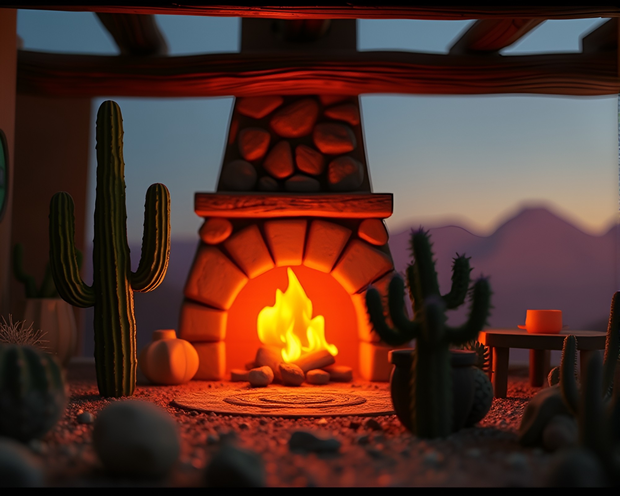 Mesmerizing Stop-Motion Desert Cactus by Fireplace – free AI stock image