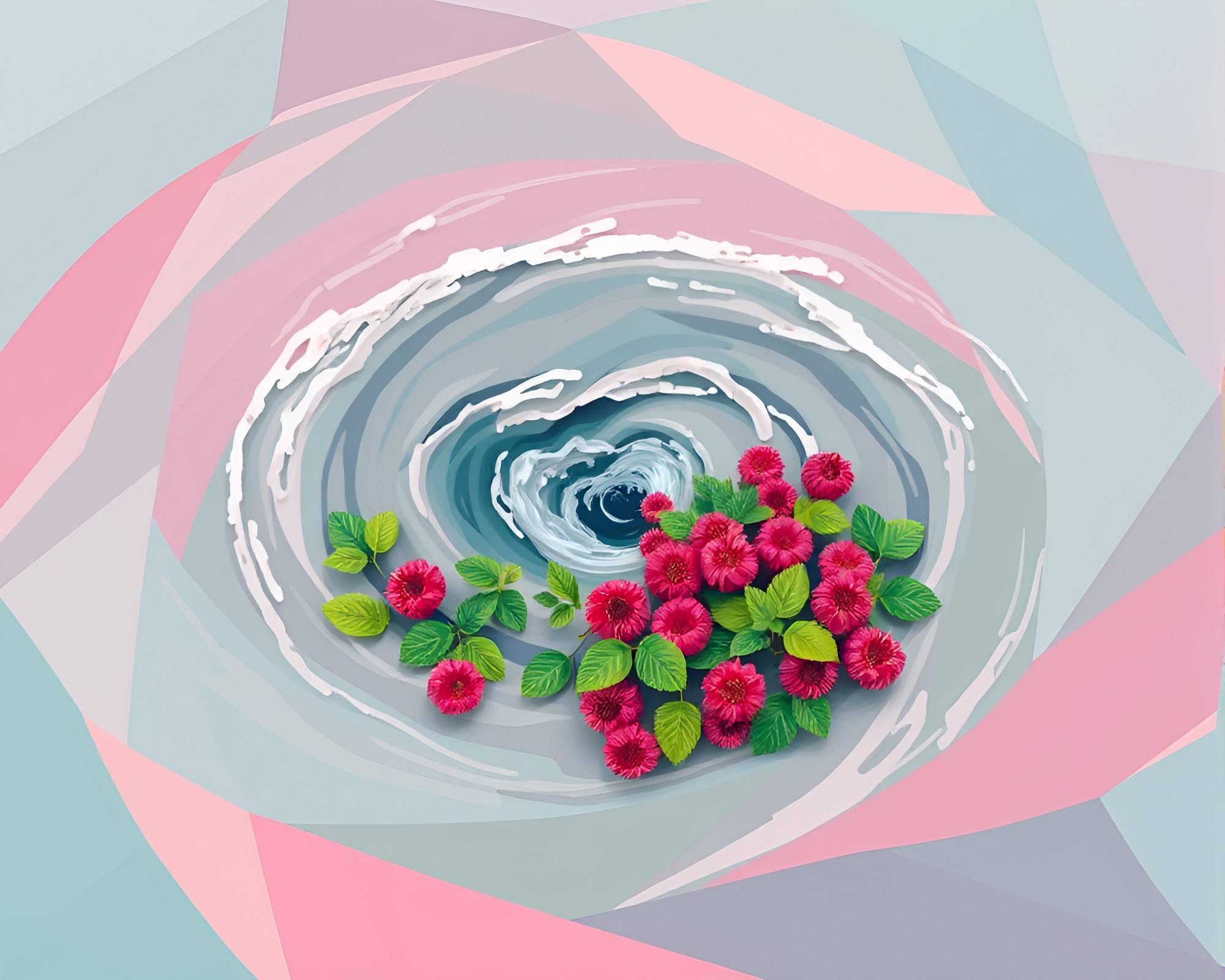 Water Whirlpool Amidst Raspberry Bush in Geometric Pastel Abstraction – free AI stock image
