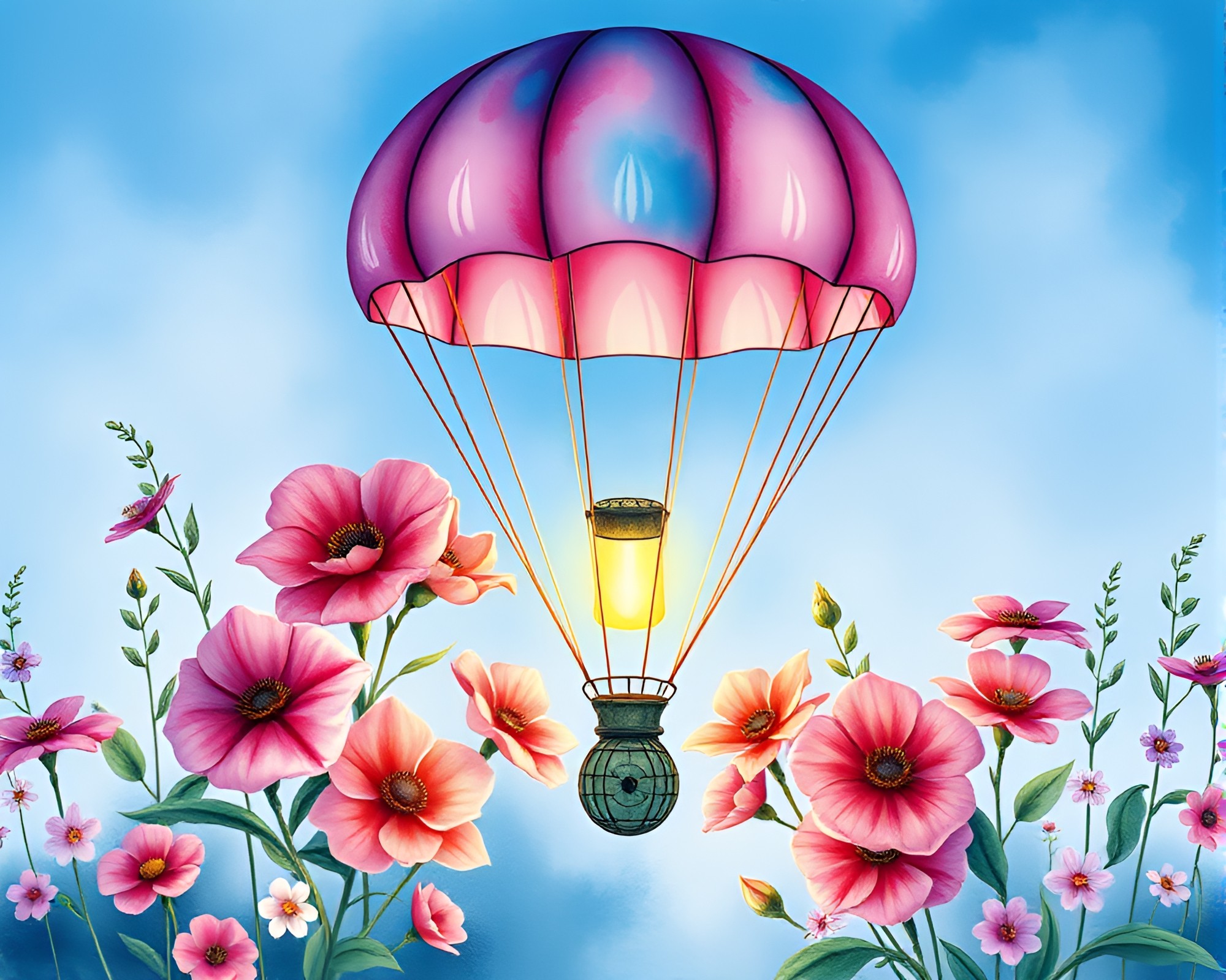 Blooming Watercolor Parachute Jumper in Lantern Light – free AI stock image