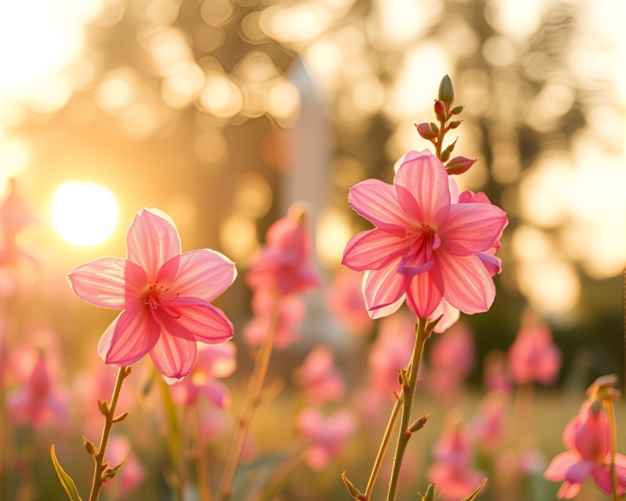 Golden Morning Obelisk Watercolor Blooms – free AI stock image