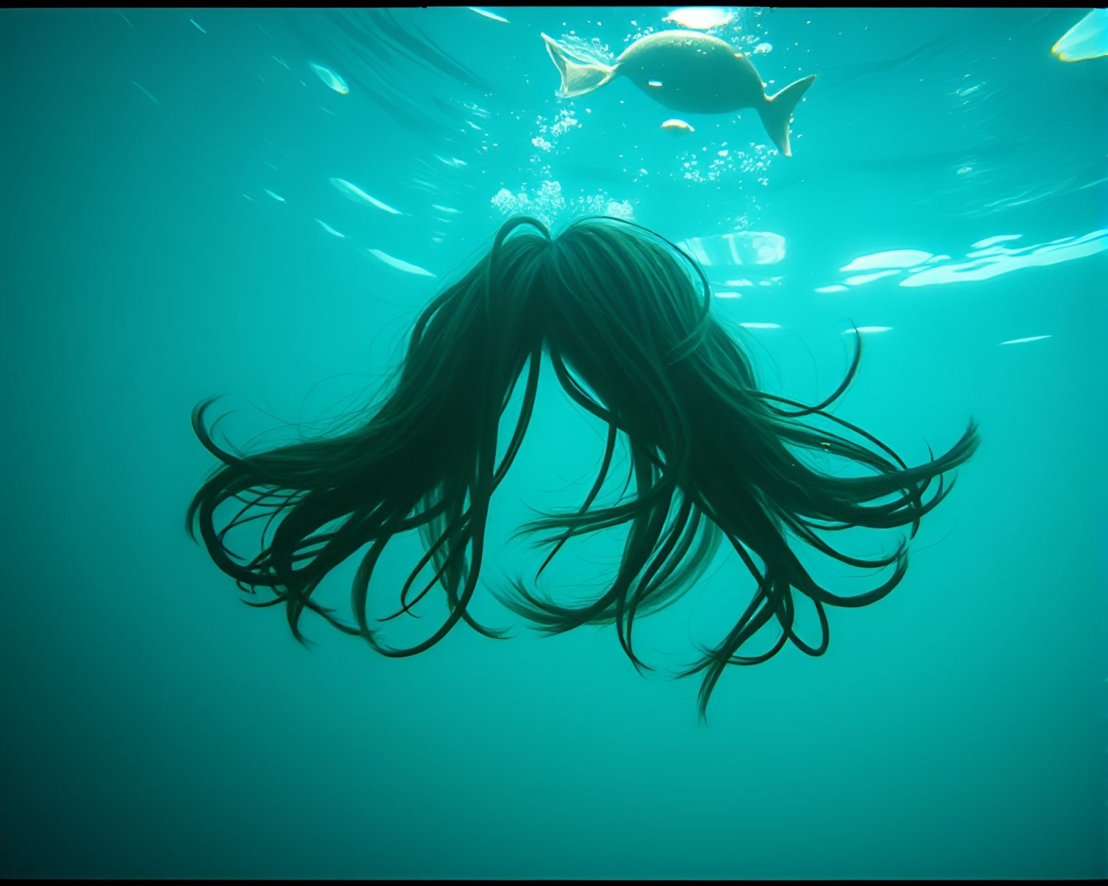 Dark underwater scene with floating film sprocket holes