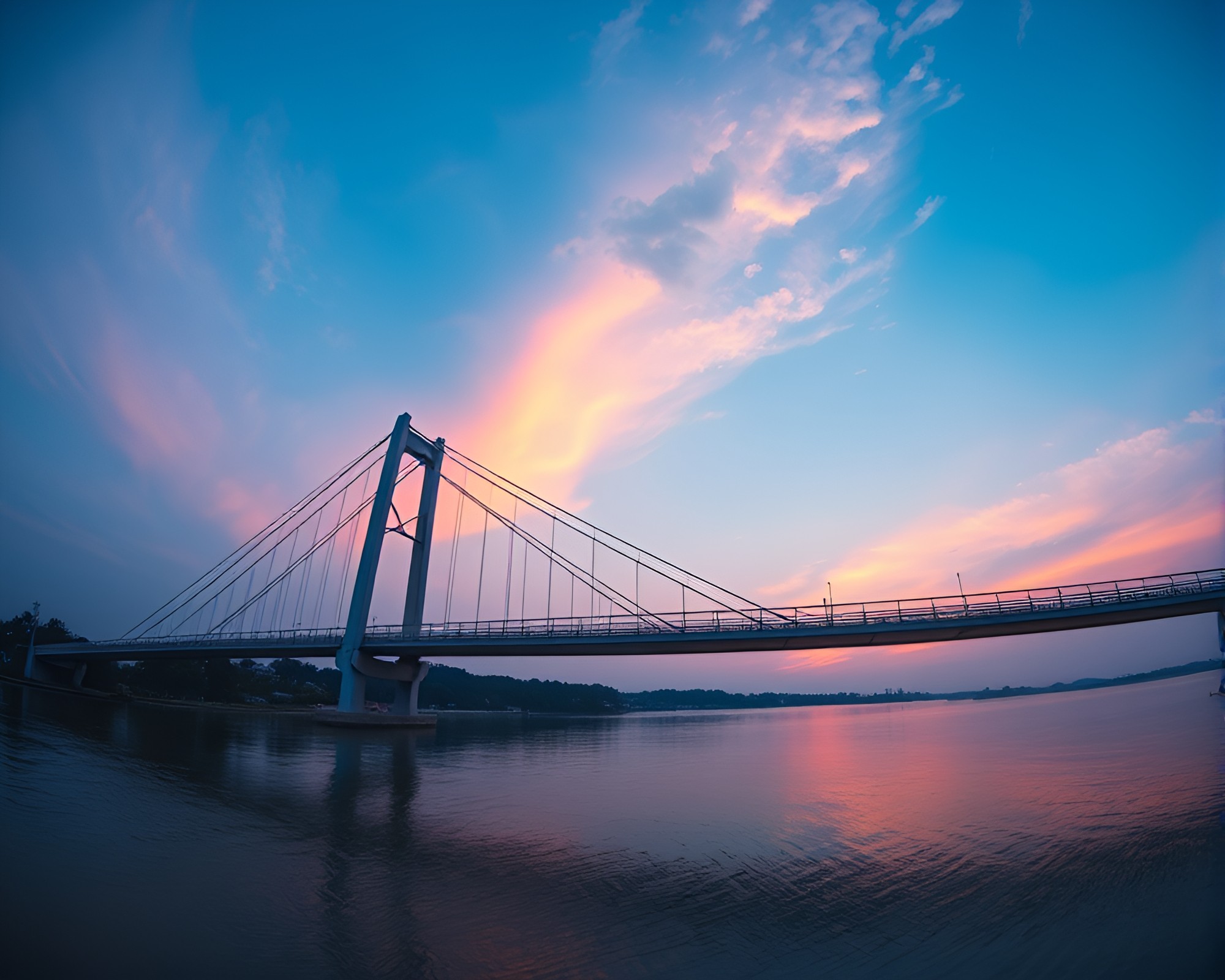 Sunrise Fisheye View of Suspension Bridge – free AI stock image