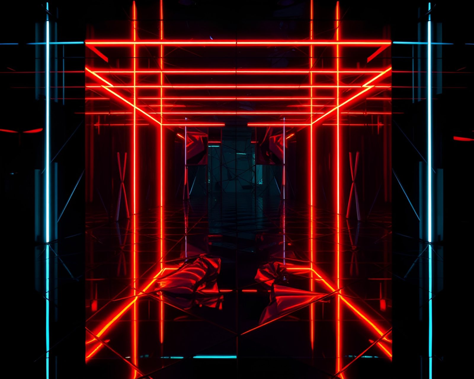 Vivid neon tessellated patterns reflected with dramatic lighting effects