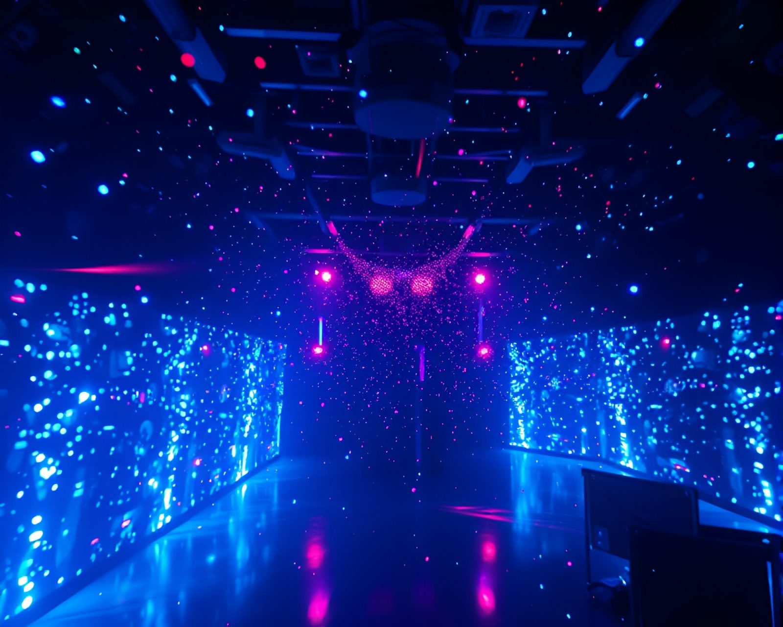 Futuristic hologram specks under ambient occlusion club lighting.