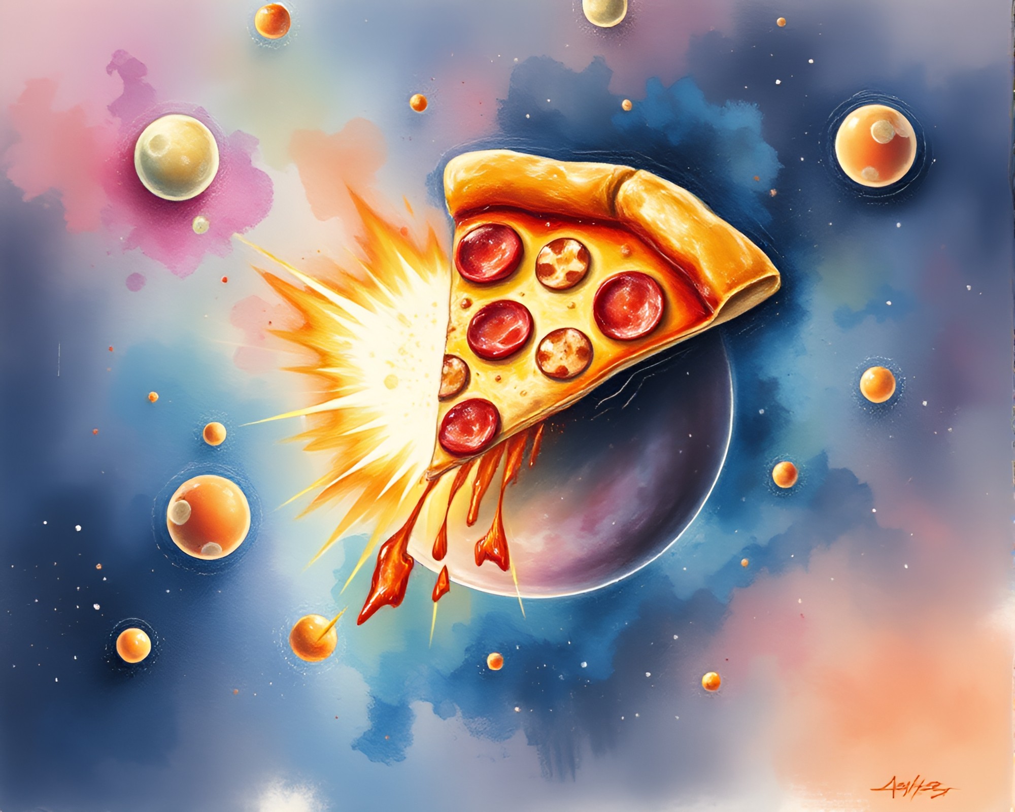Galactic Zoom Burst Pizza Slice Watercolor Painting – free AI stock image