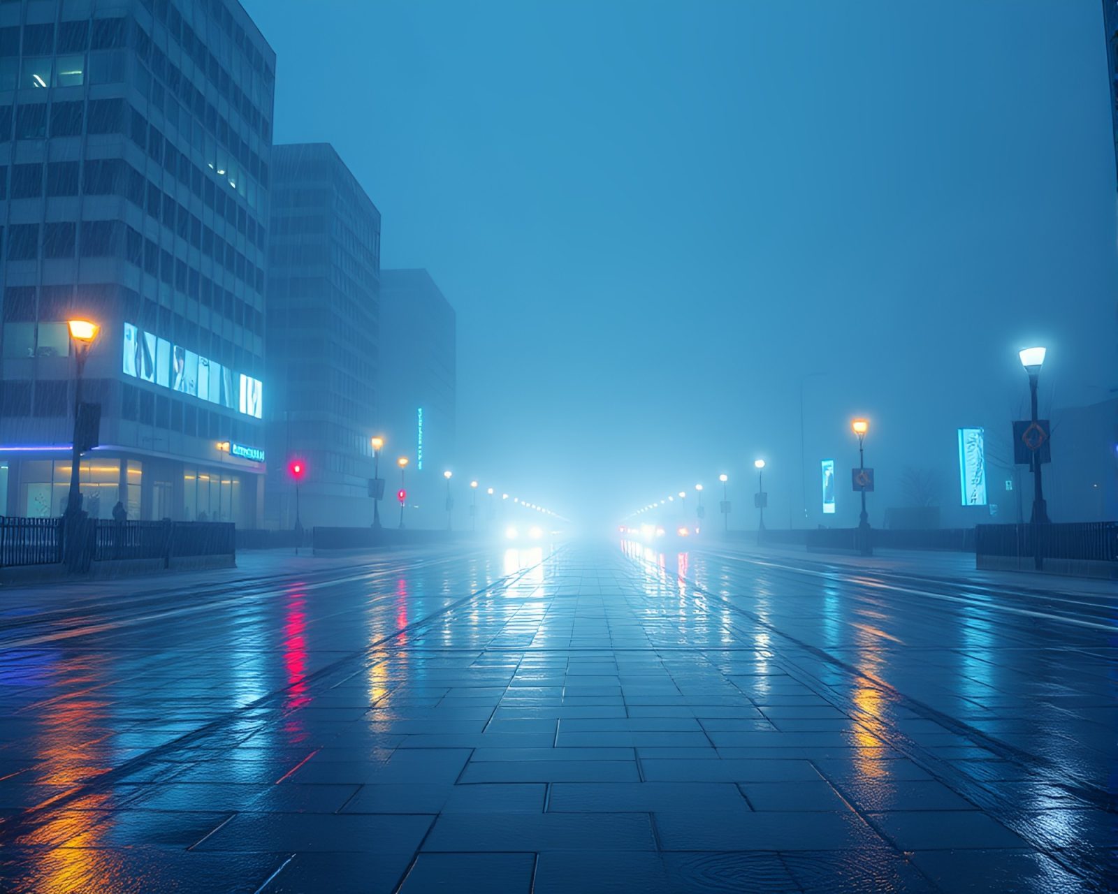 Wet pavement leading to an icy, abstract mind palace