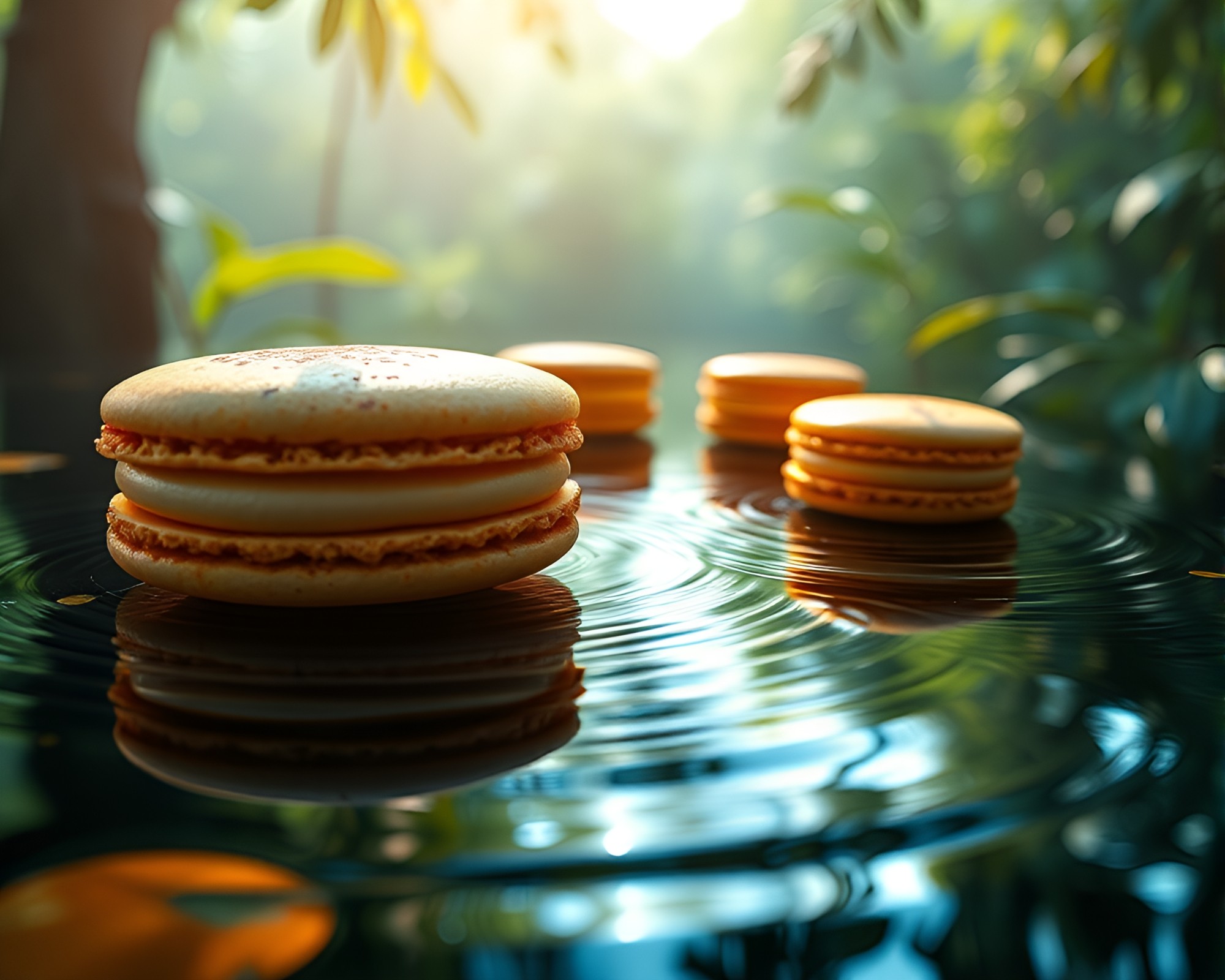 Macaron Assortment Reflecting in Water Ripples under Jungle Canopy – free AI stock image