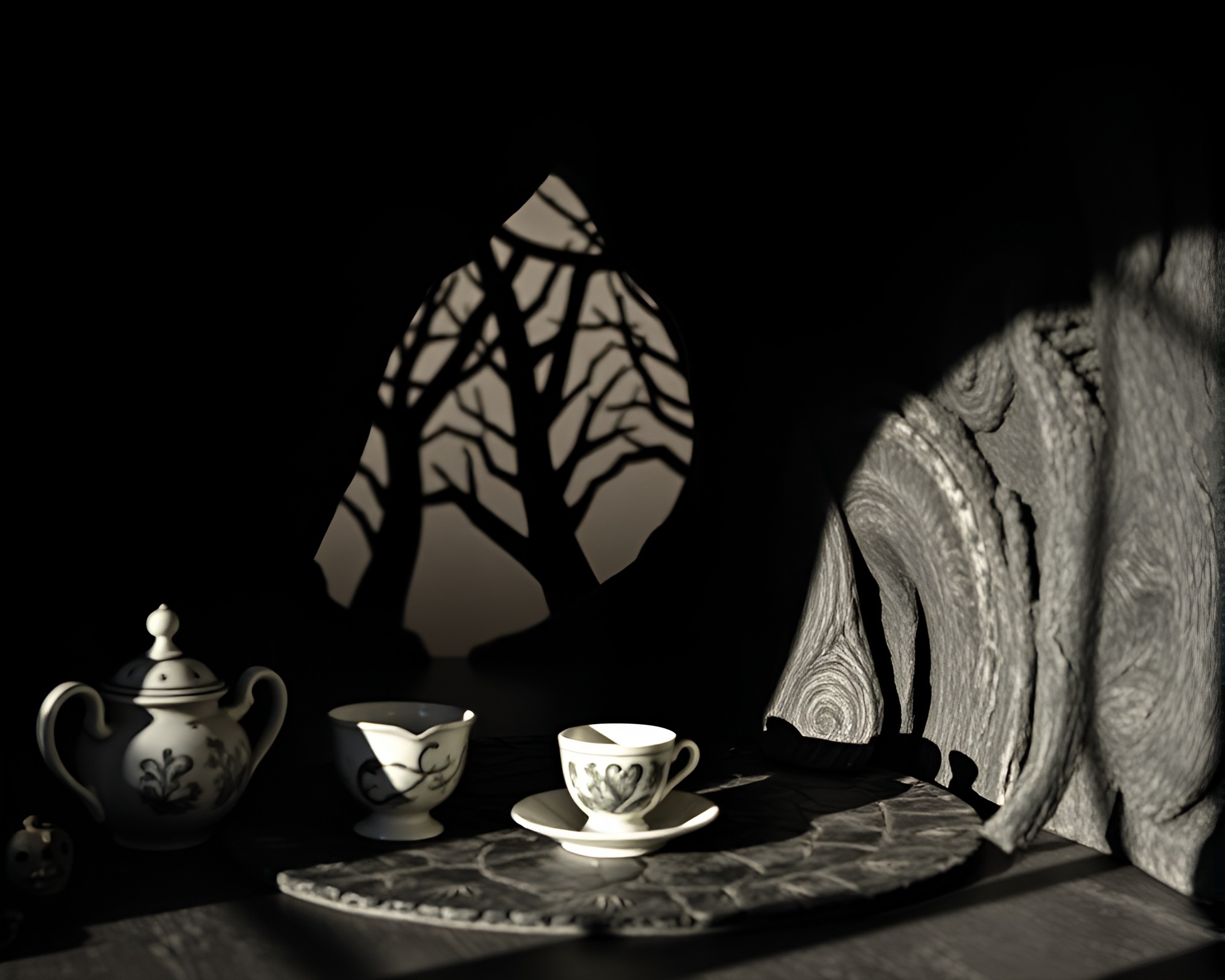 Alice in Wonderland Tea Set in Cave Entrance – free AI stock image