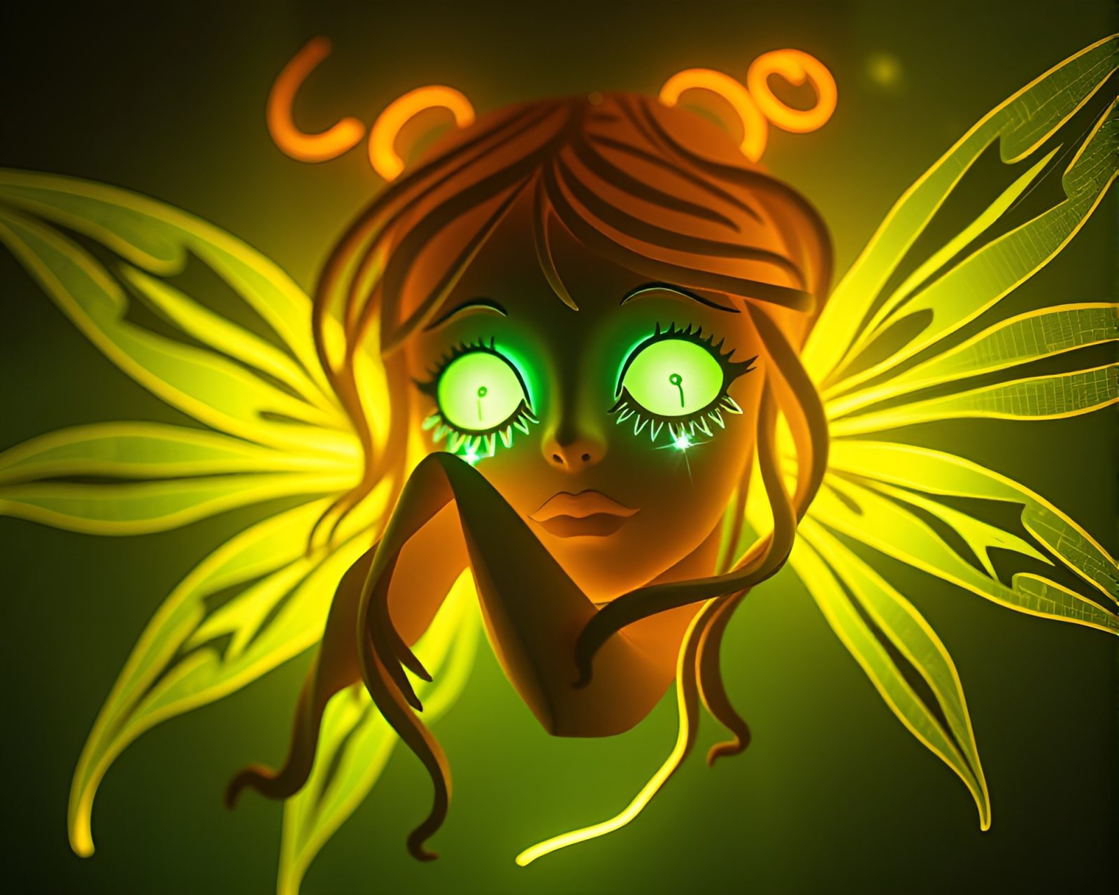 A mystical nymph glowing in neon hues within torn paper
