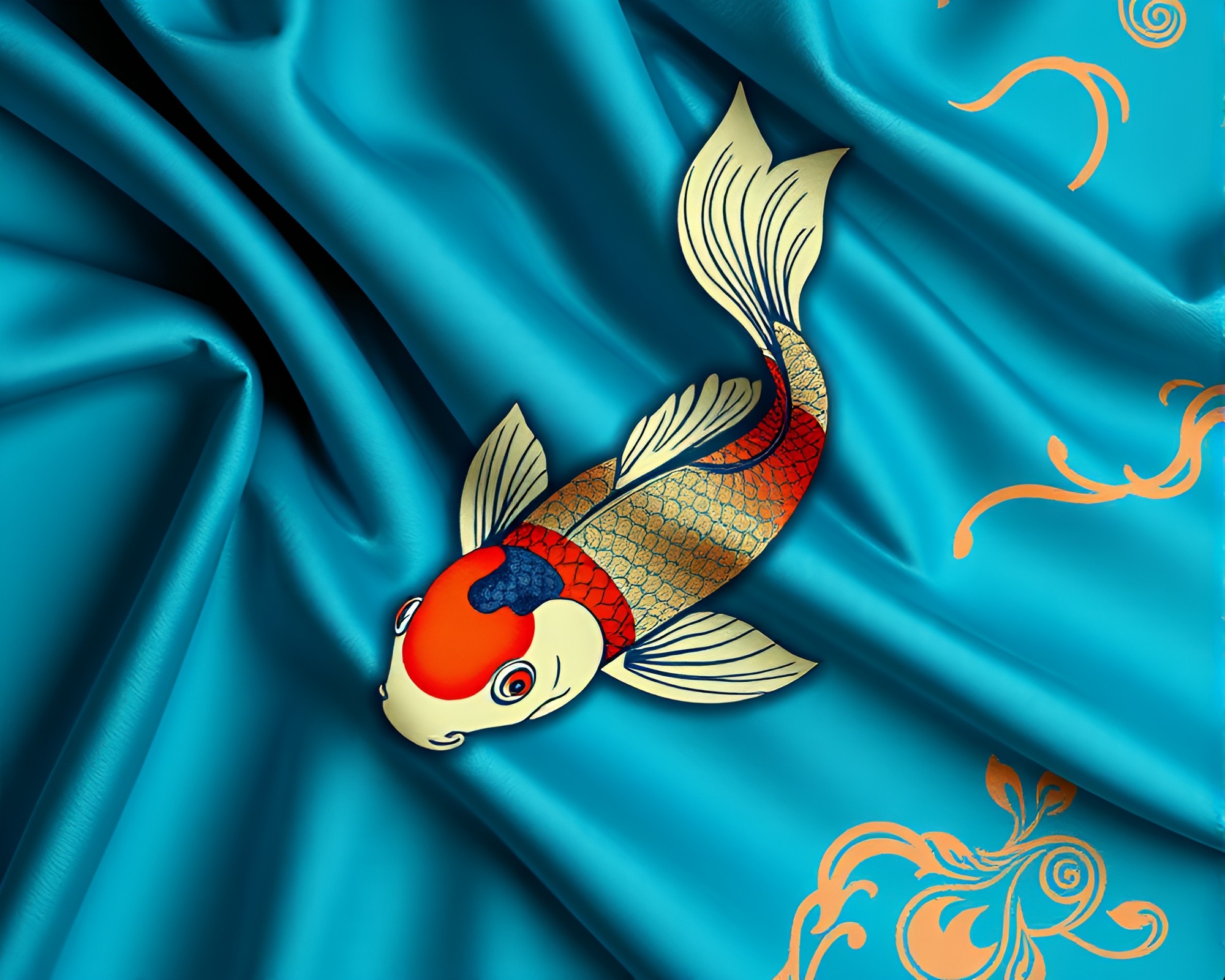 Retro Futurism Koi Fish in Steel-Blue Fabric Folds – free AI stock image