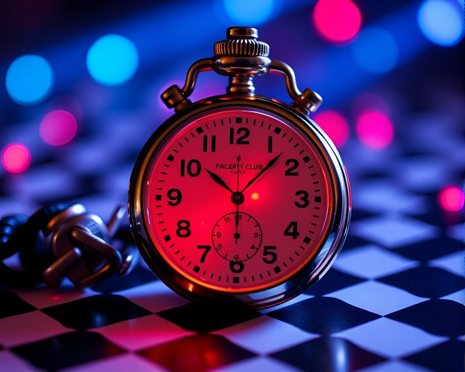 Glowing pocket watch surrounded by checkered patterns and club lights