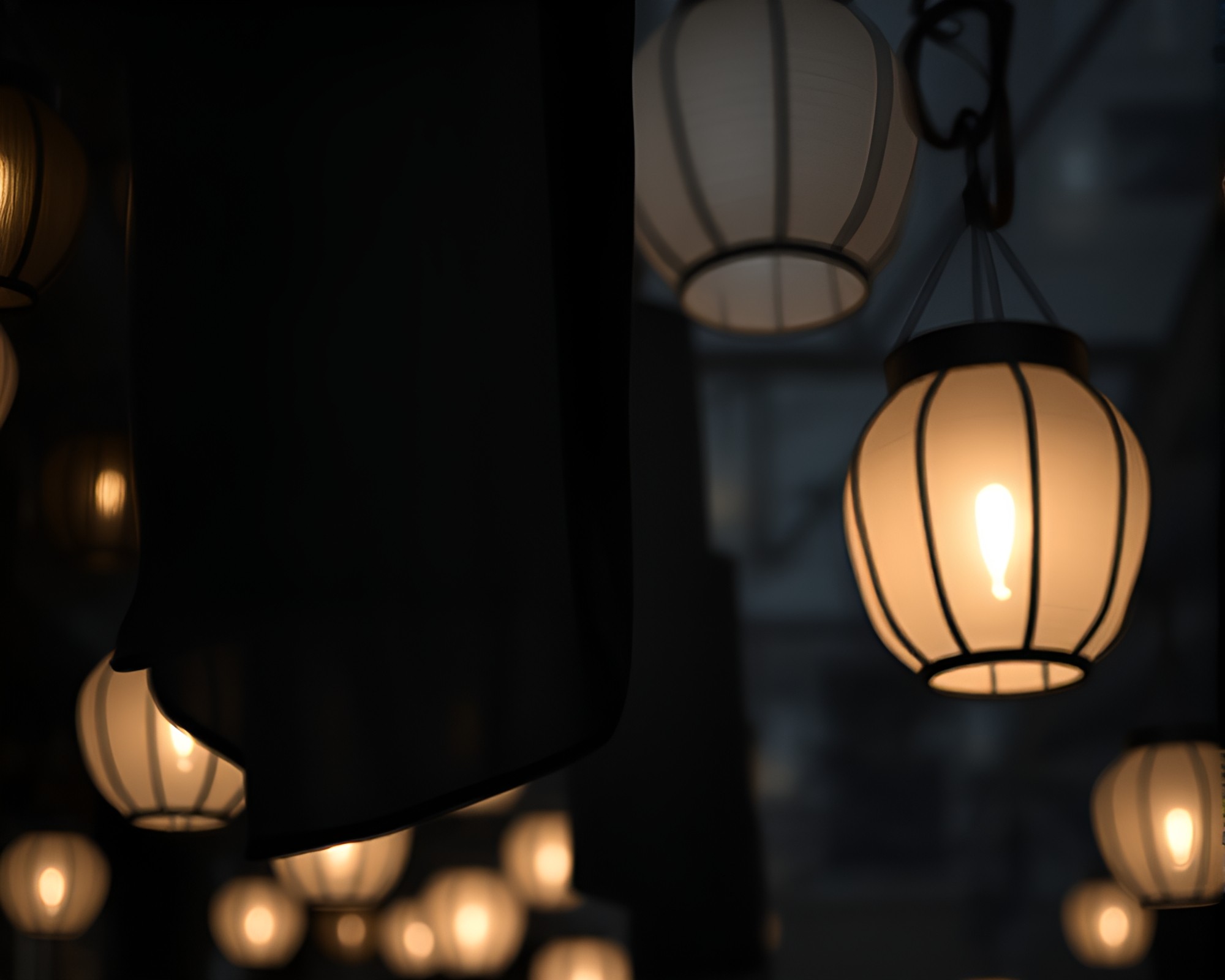 Ethereal Lanterns in Gray Fabric Folds – free AI stock image