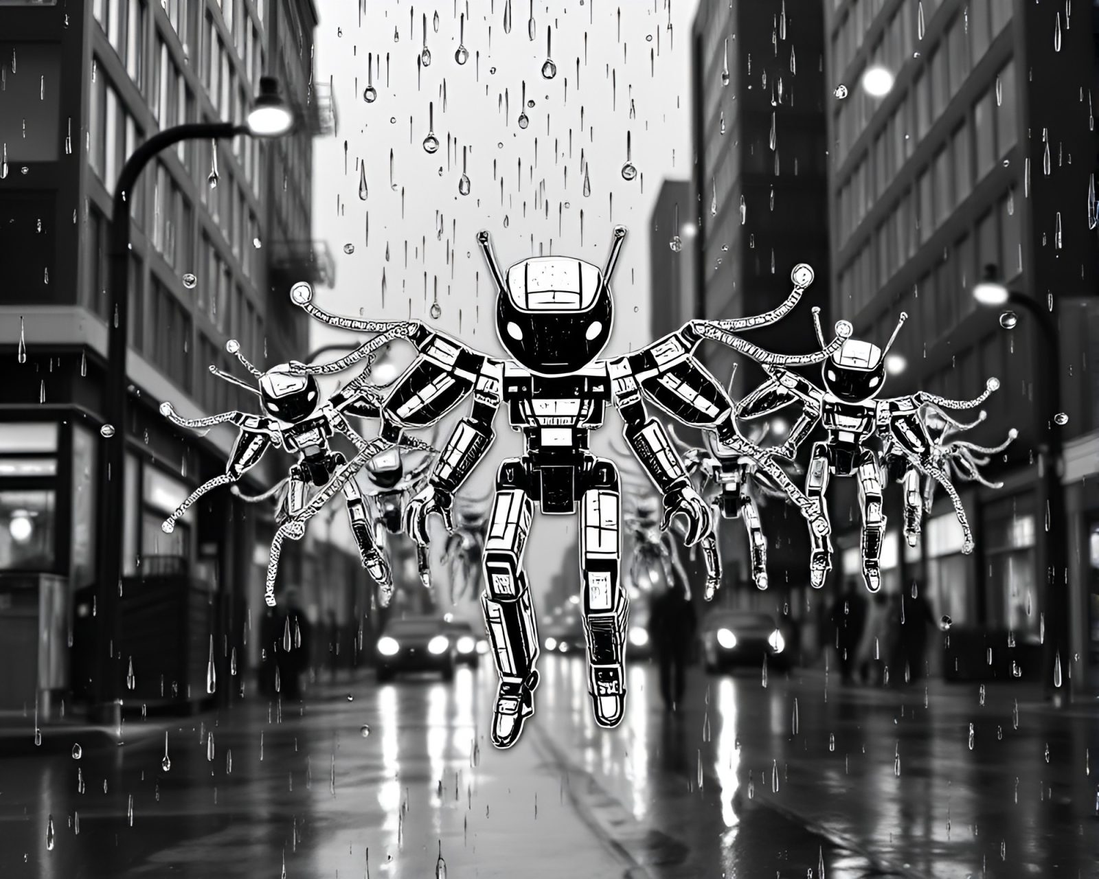 A dark, rainy scene filled with tiny robotic insects.