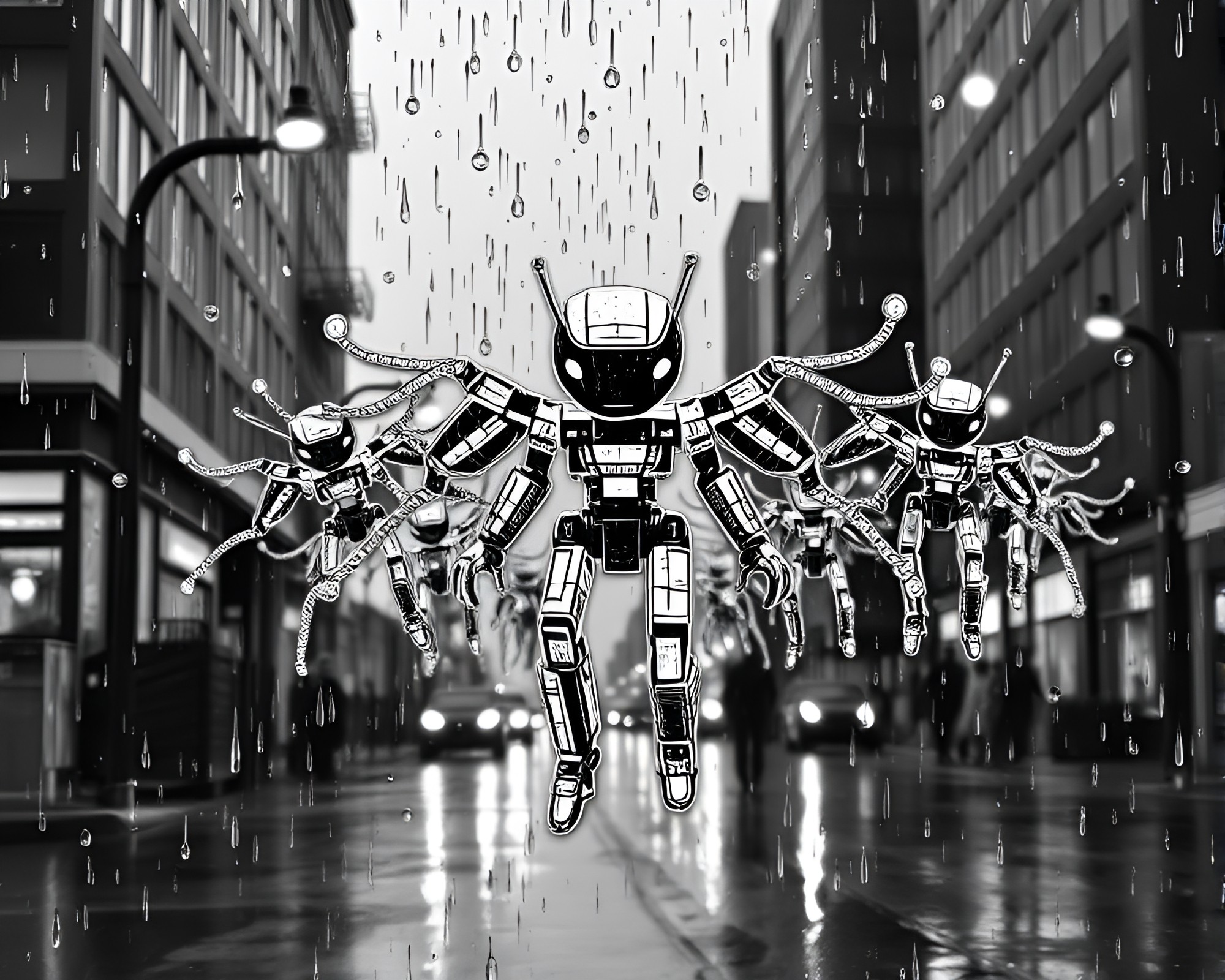 Monochrome Nanobot Swarm Collage Cutouts in Rainy Reflections – free AI stock image