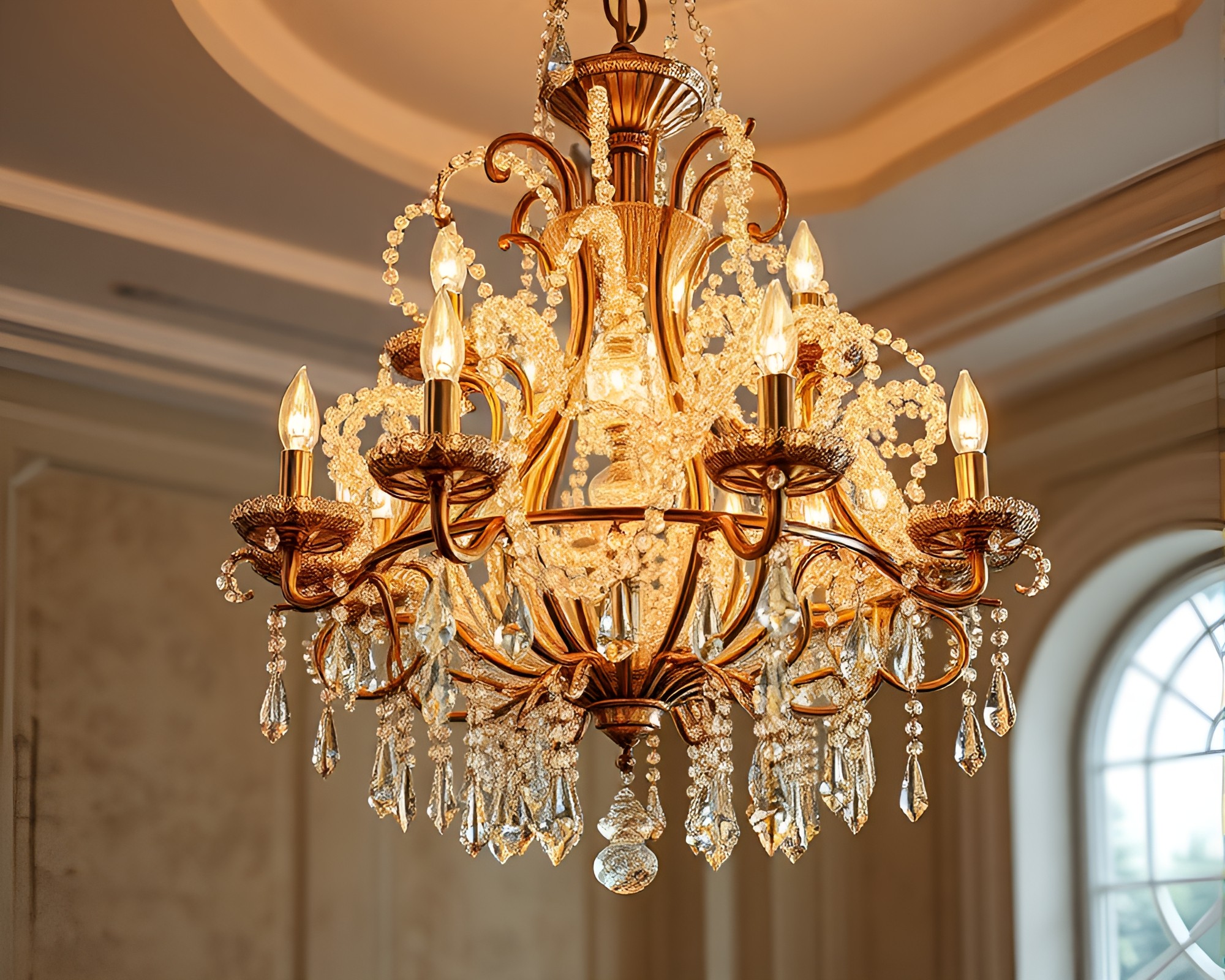 Carnival Lights Dance Around Crystal Chandelier in Swirling Sand Pattern – free AI stock image