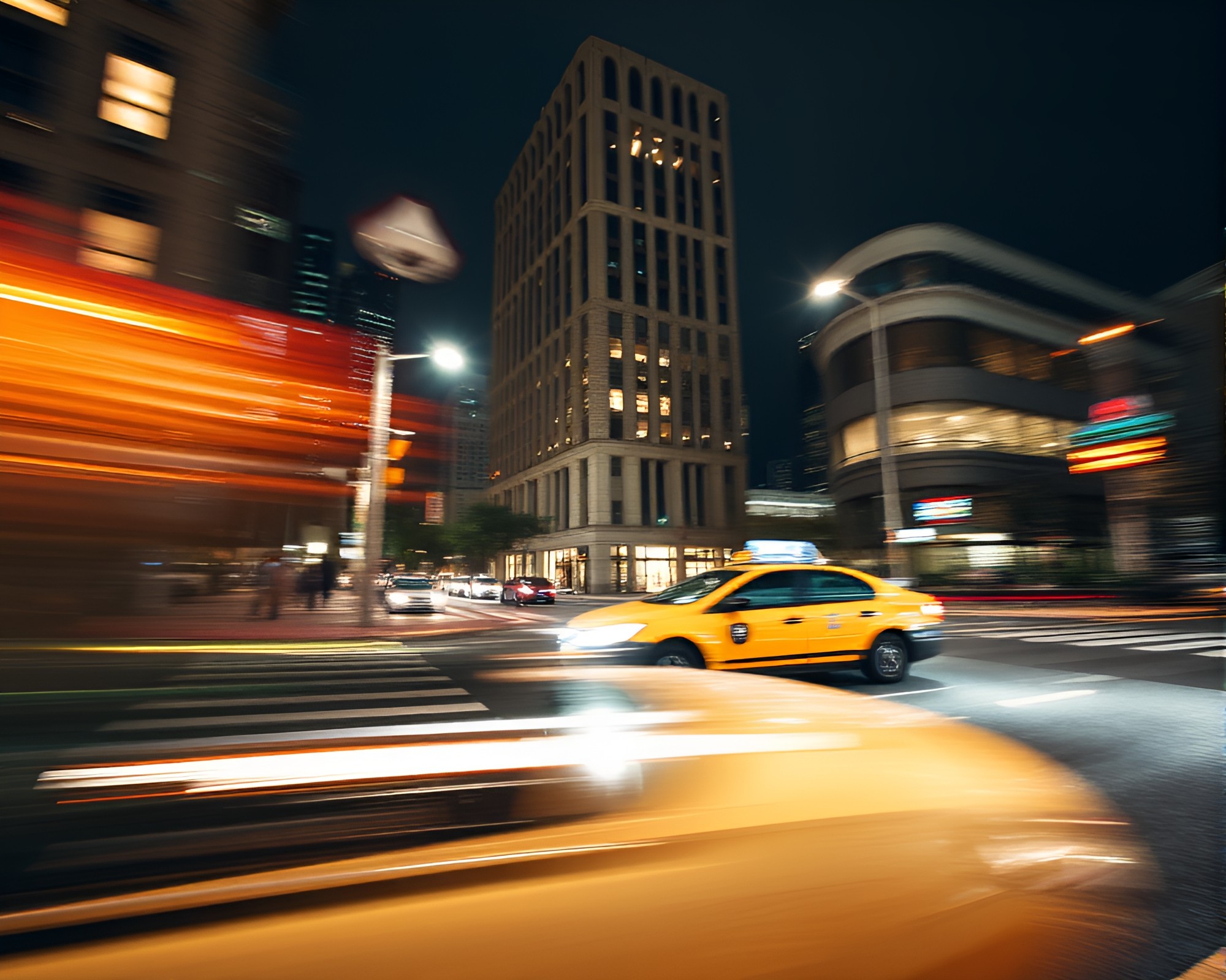 Urban Blur: Taxi Streaks by Brutalist Building – free AI stock image