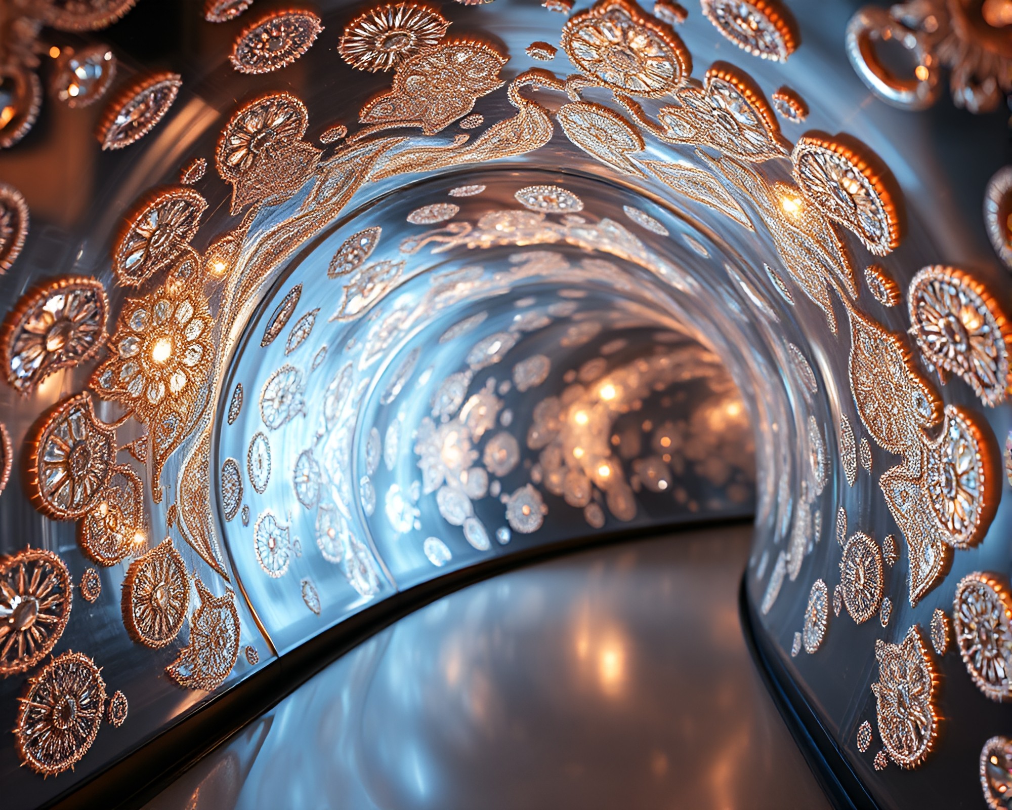 Stereoscopic Glass Tunnel with Embroidered Details – free AI stock image
