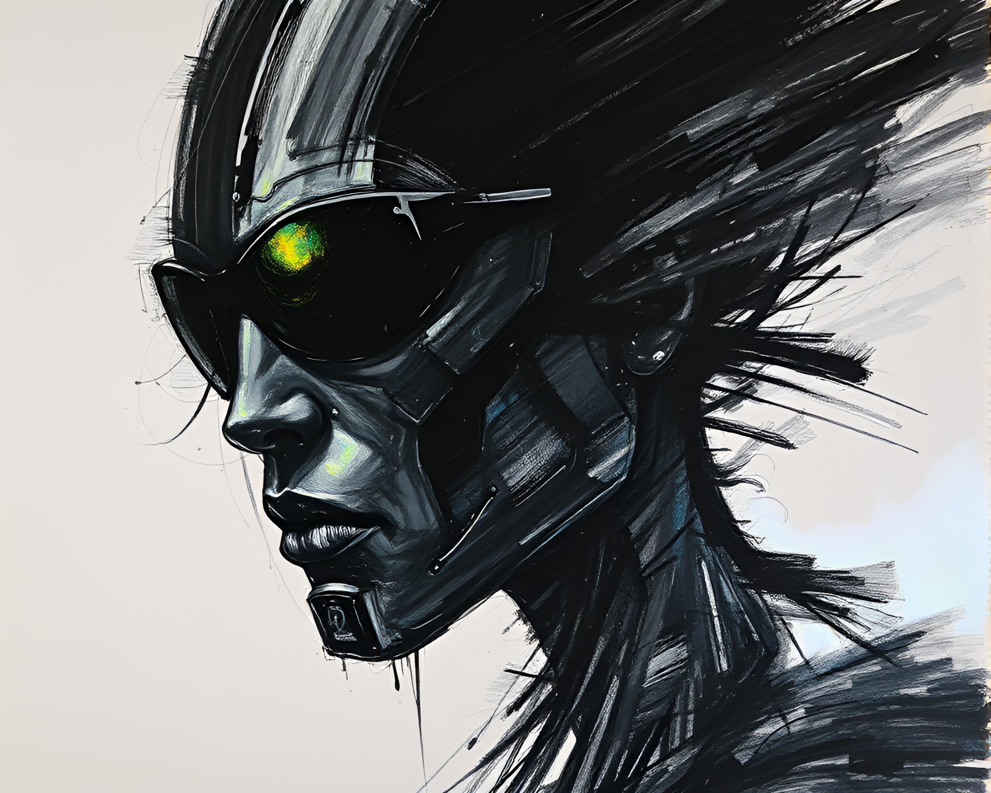 Charcoal Cyborg: Iridescent Etching Composition – free AI stock image